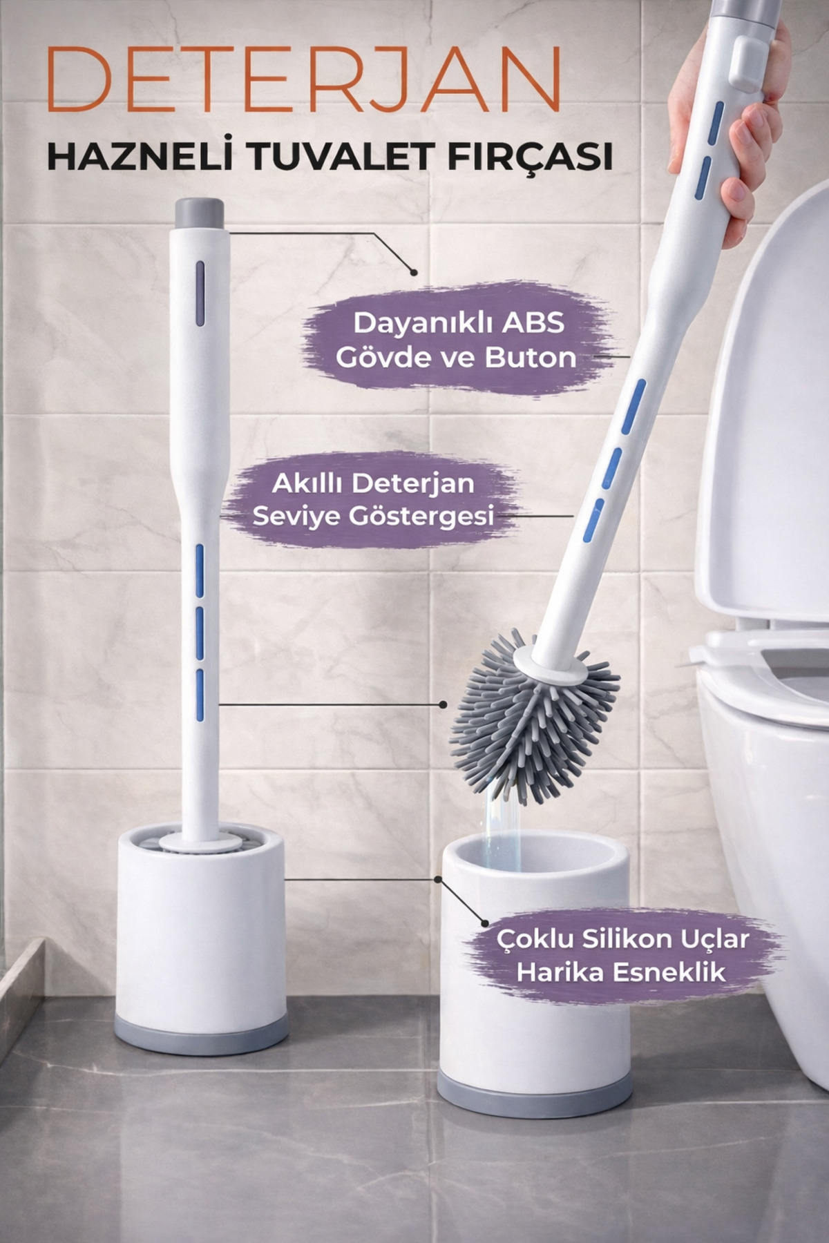Silikon Tuvalet Fırçası Deterjan Hazneli Akıllı Seviye Göstergeli WC Temizlik Fırçası