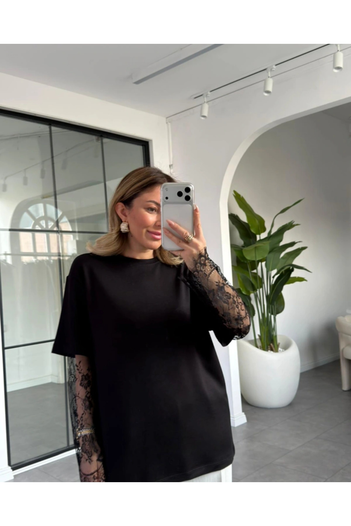 khar  Kadın Mardiya Dantel Detaylı Oversize T-Shirt Bluz Rahat Kesim Günlük Şık Kombin Bluz