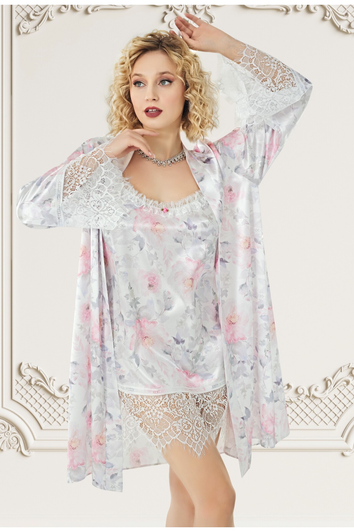 For Dreams Baskılı Saten Kısa Gecelik ve Sabahlık Takımı Dantel Detaylı 2 Parça 4902