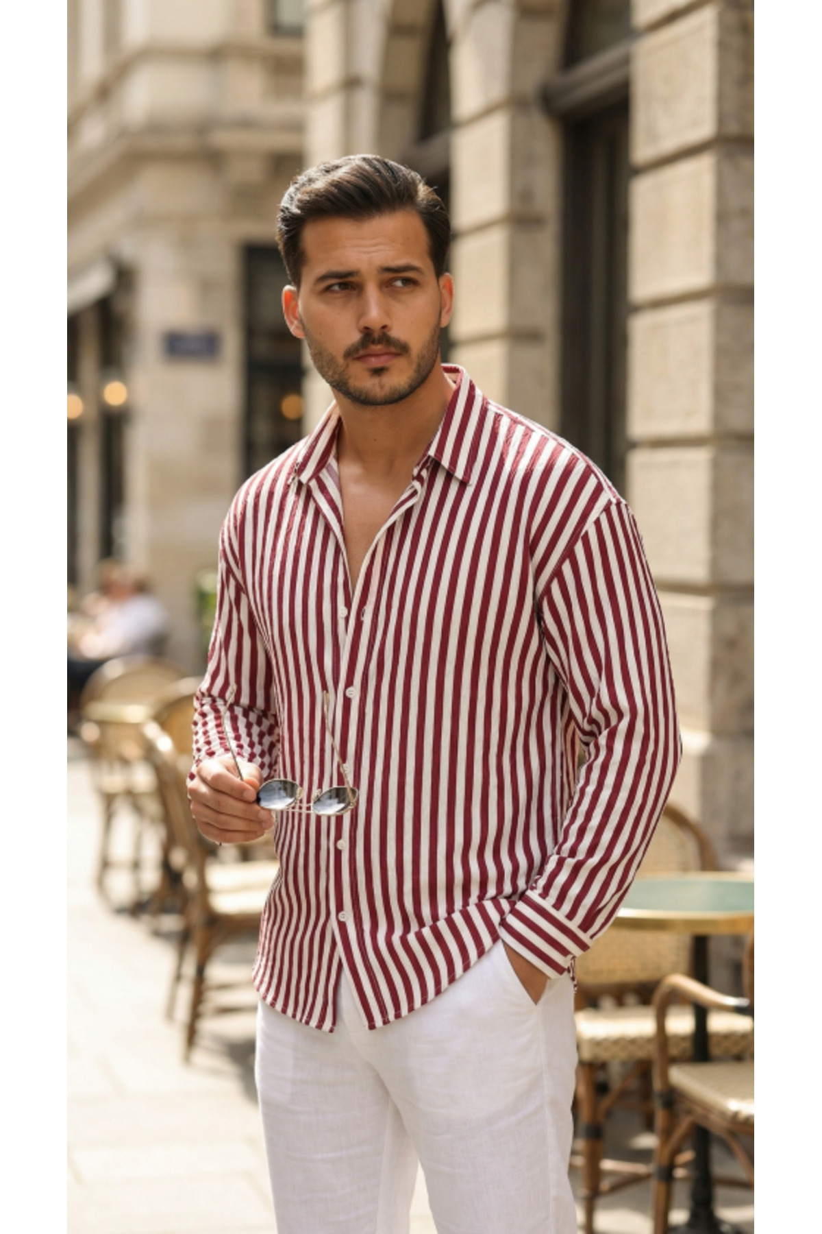 GETFAY Erkek Dikey Çizgili Yarım Oversize Gömlek-A.bordo fotoğrafı 5 (önizleme)