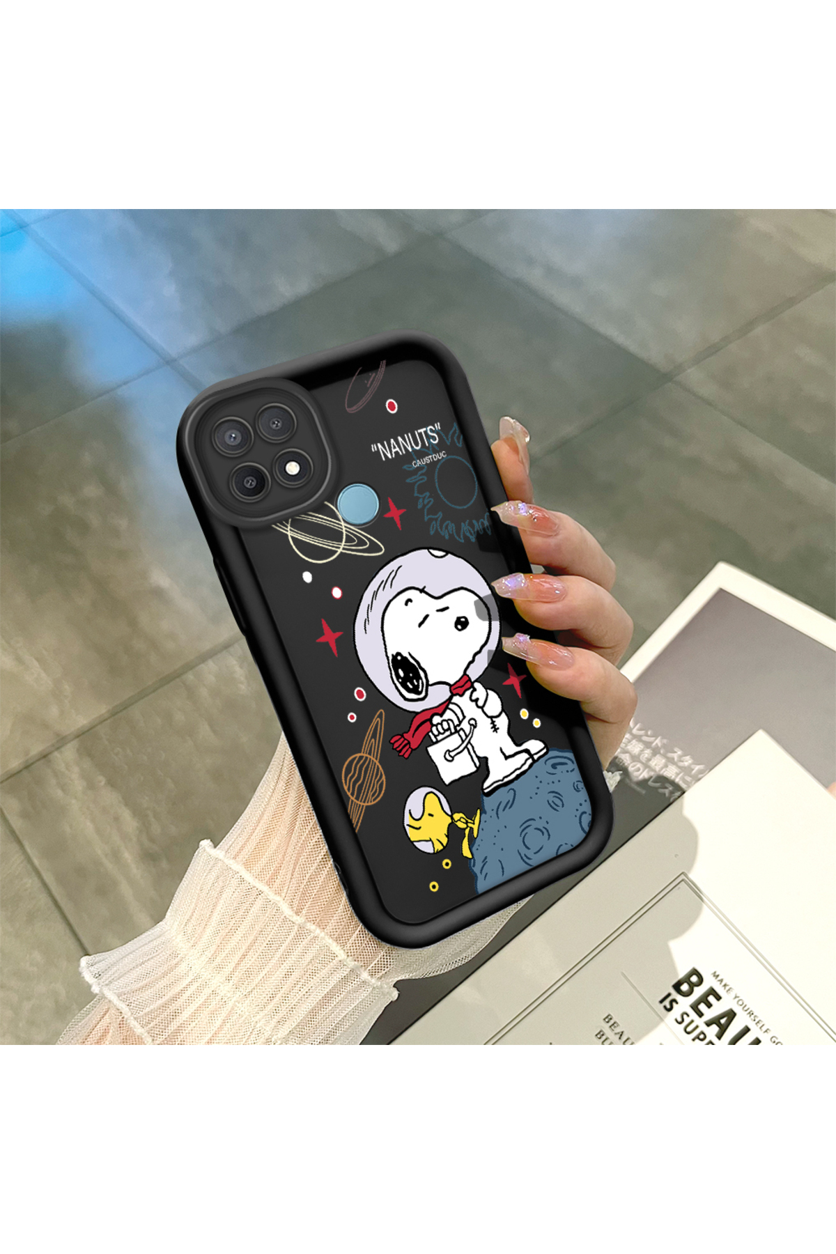 Black Silicone Case Shockproof Camera Shielded Snoopy Compatible with OPPO A15/A15S