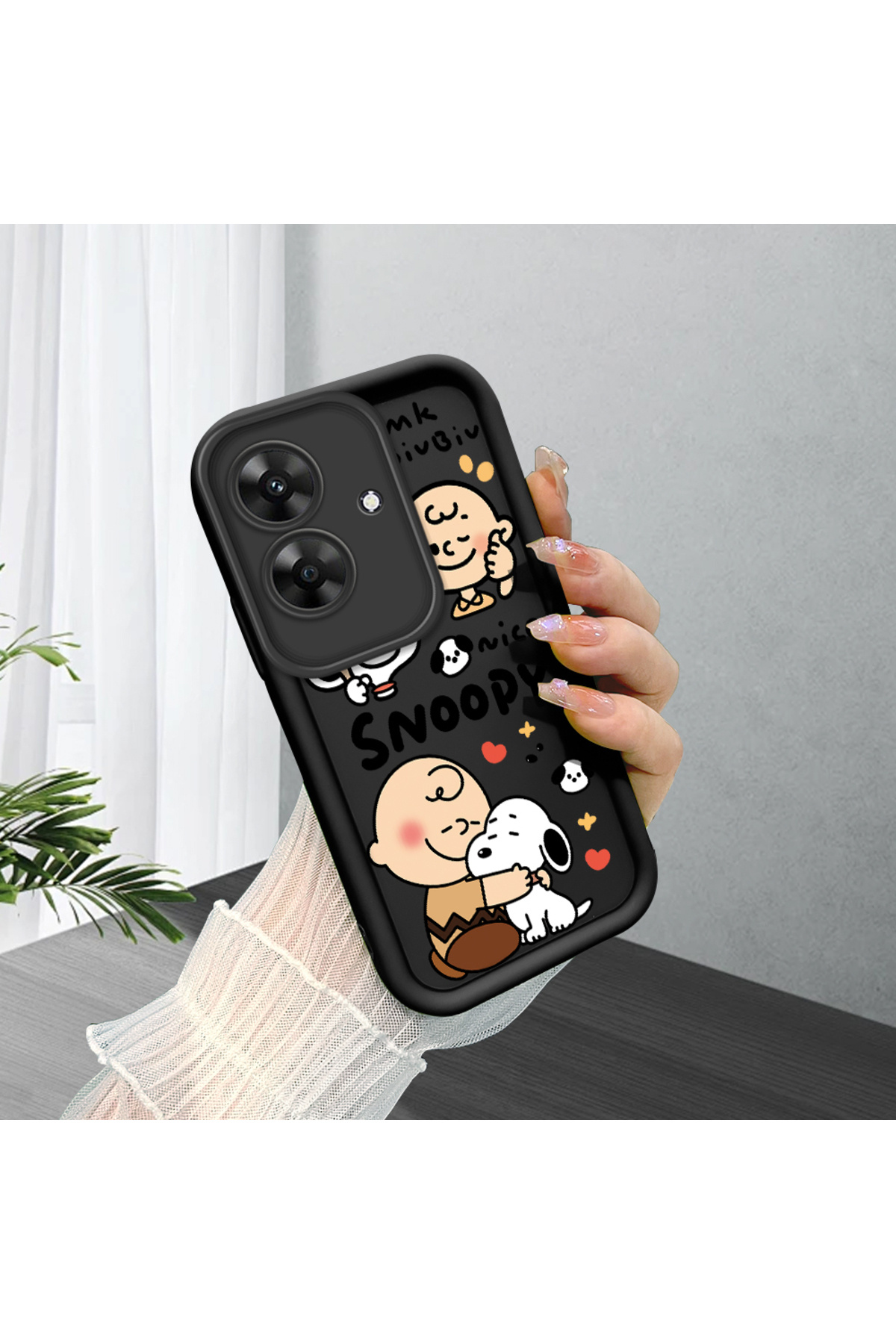 Realme Note 60 Compatible Black Silicone Case Shockproof Camera Protected Snoopy