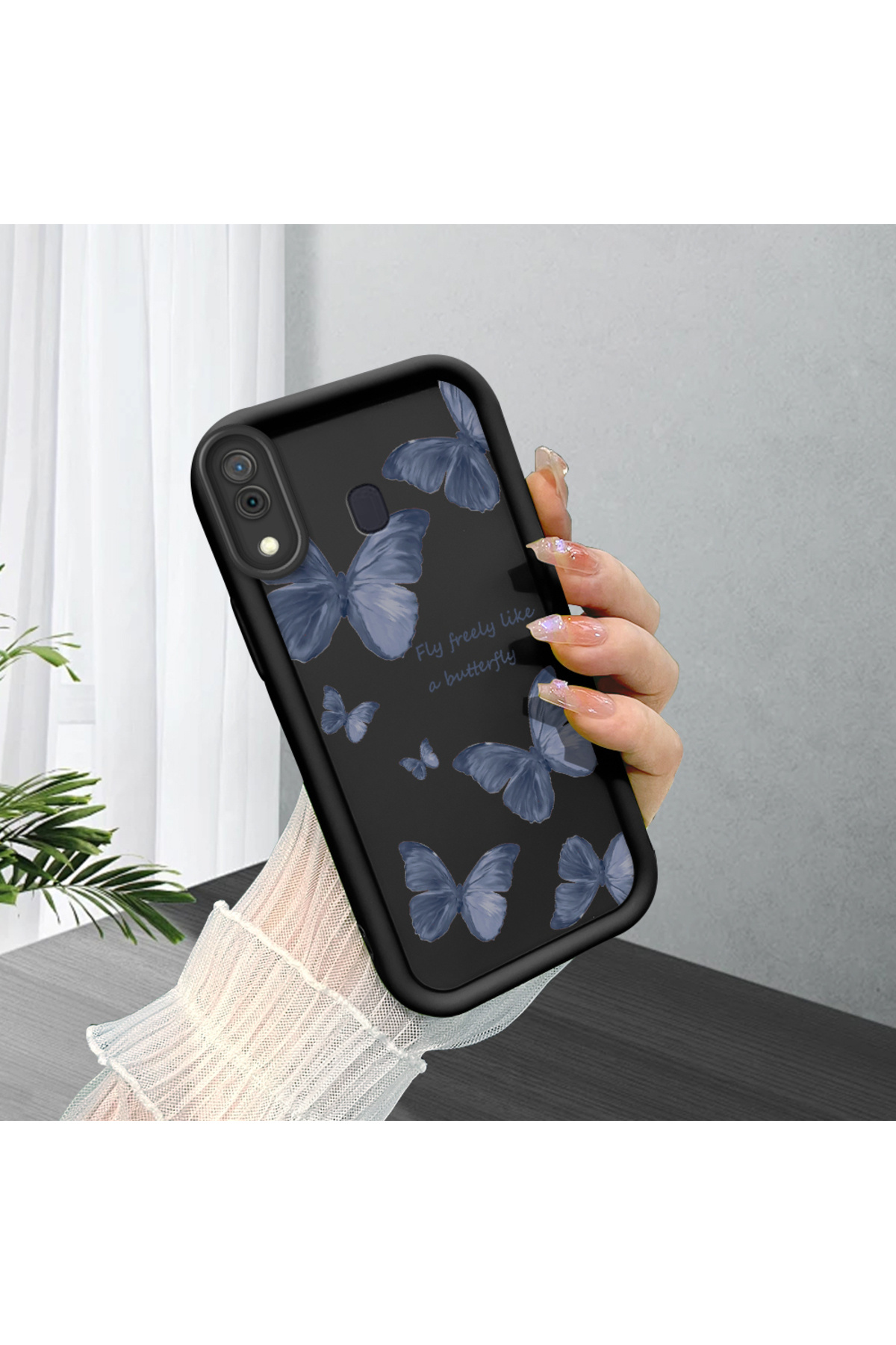 Samsung Galaxy A20/A30 Compatible Black Silicone Case Shockproof Camera Shielded Butterfly Pattern