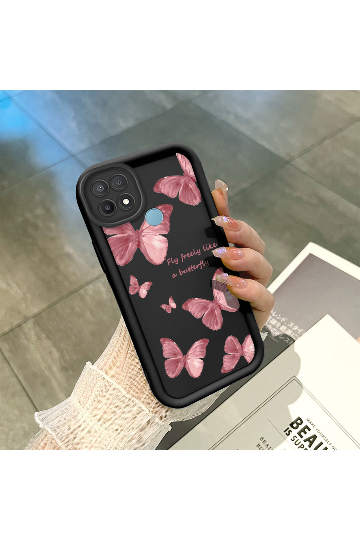 Black Silicone Case with Shockproof Camera Protection Butterfly Pattern Compatible with OPPO A15/A15S