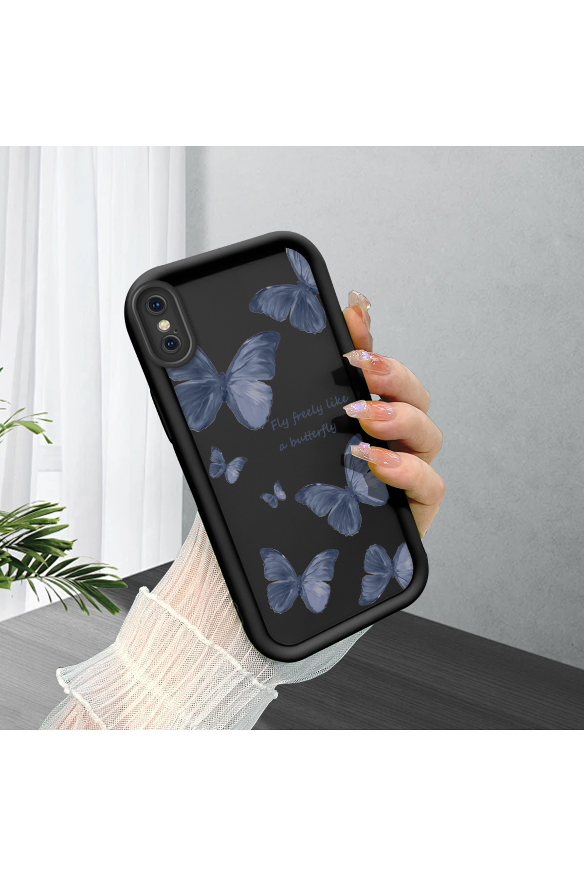 black Silicone Case for iPhone X/XS Shockproof Camera Shielded Butterfly Pattern