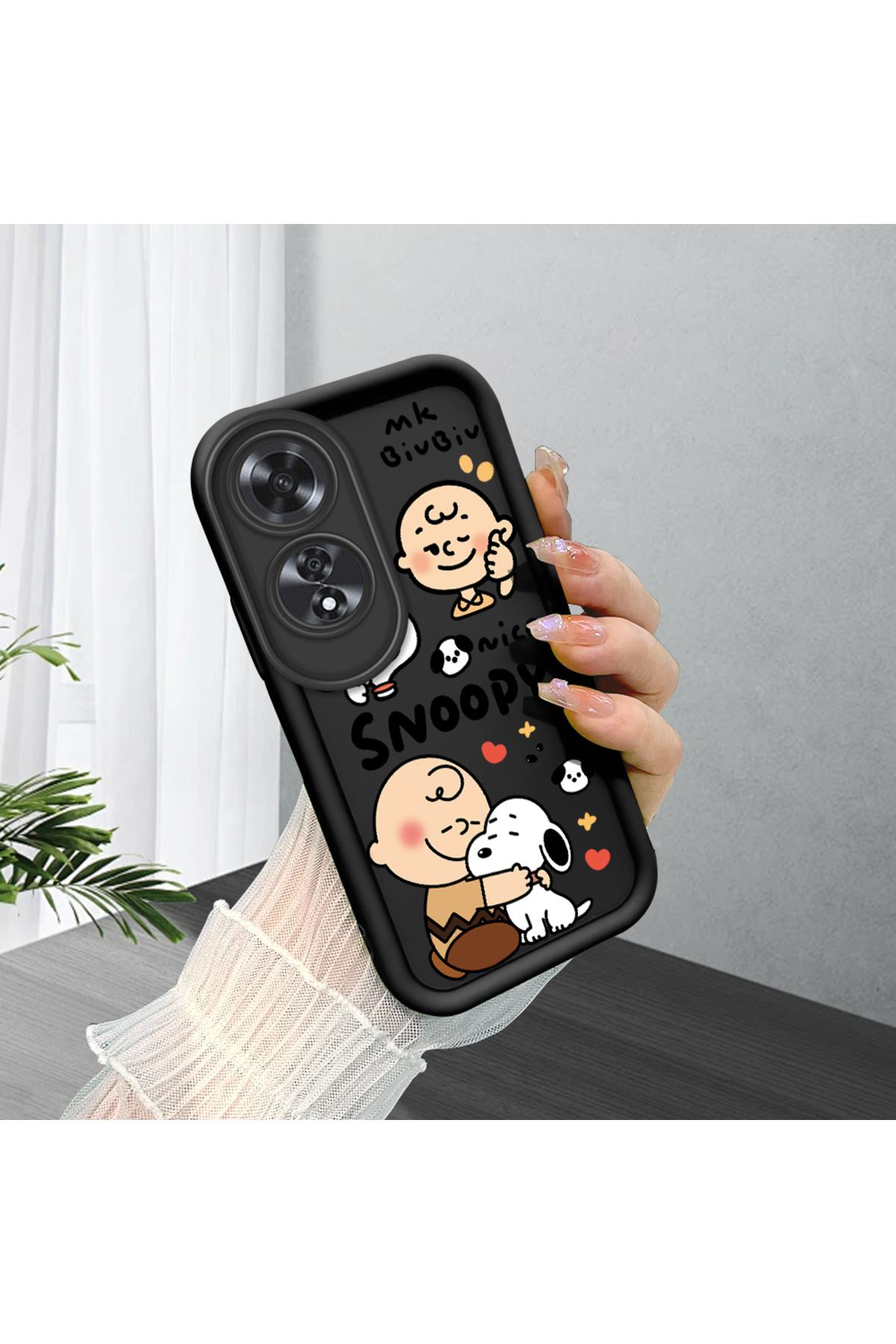 OPPO A60 Compatible Black Silicone Case Shockproof Camera Protected Snoopy