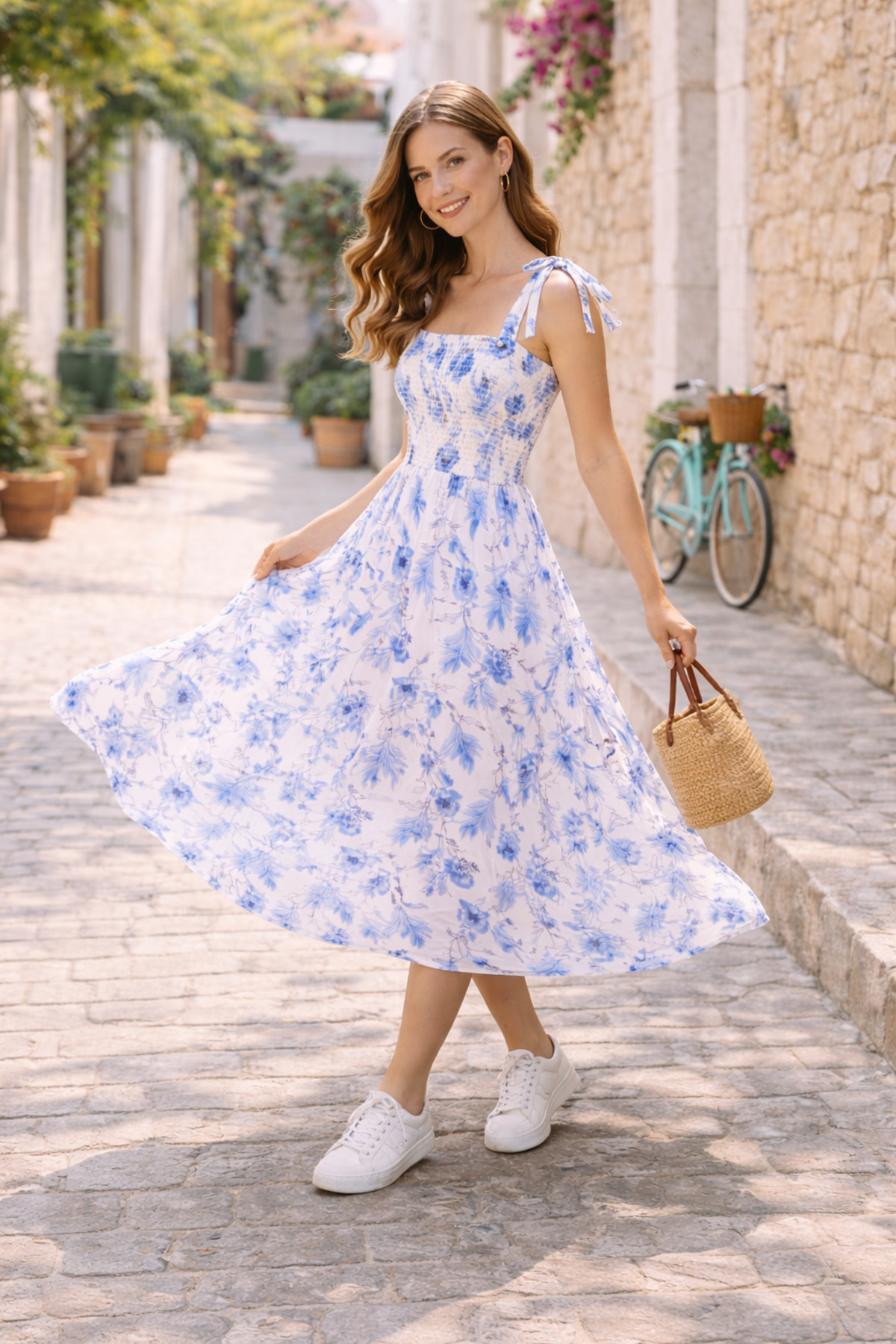 Masspera  Kadın Mavi Çiçek Desenli Askılı Omuzdan Bağlamalı Midi Elbise Kare Yaka Yazlık Günlük Rahat Elbise - Görsel 3