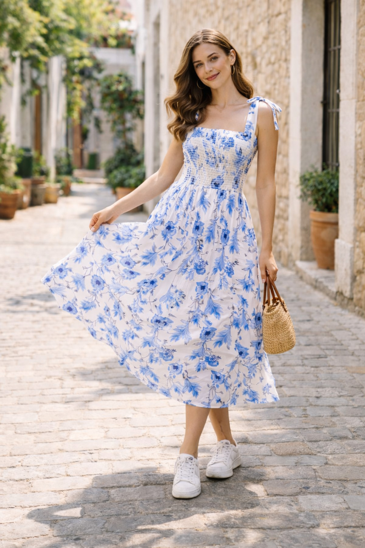 Masspera  Kadın Mavi Çiçek Desenli Askılı Omuzdan Bağlamalı Midi Elbise Kare Yaka Yazlık Günlük Rahat Elbise - Görsel 7