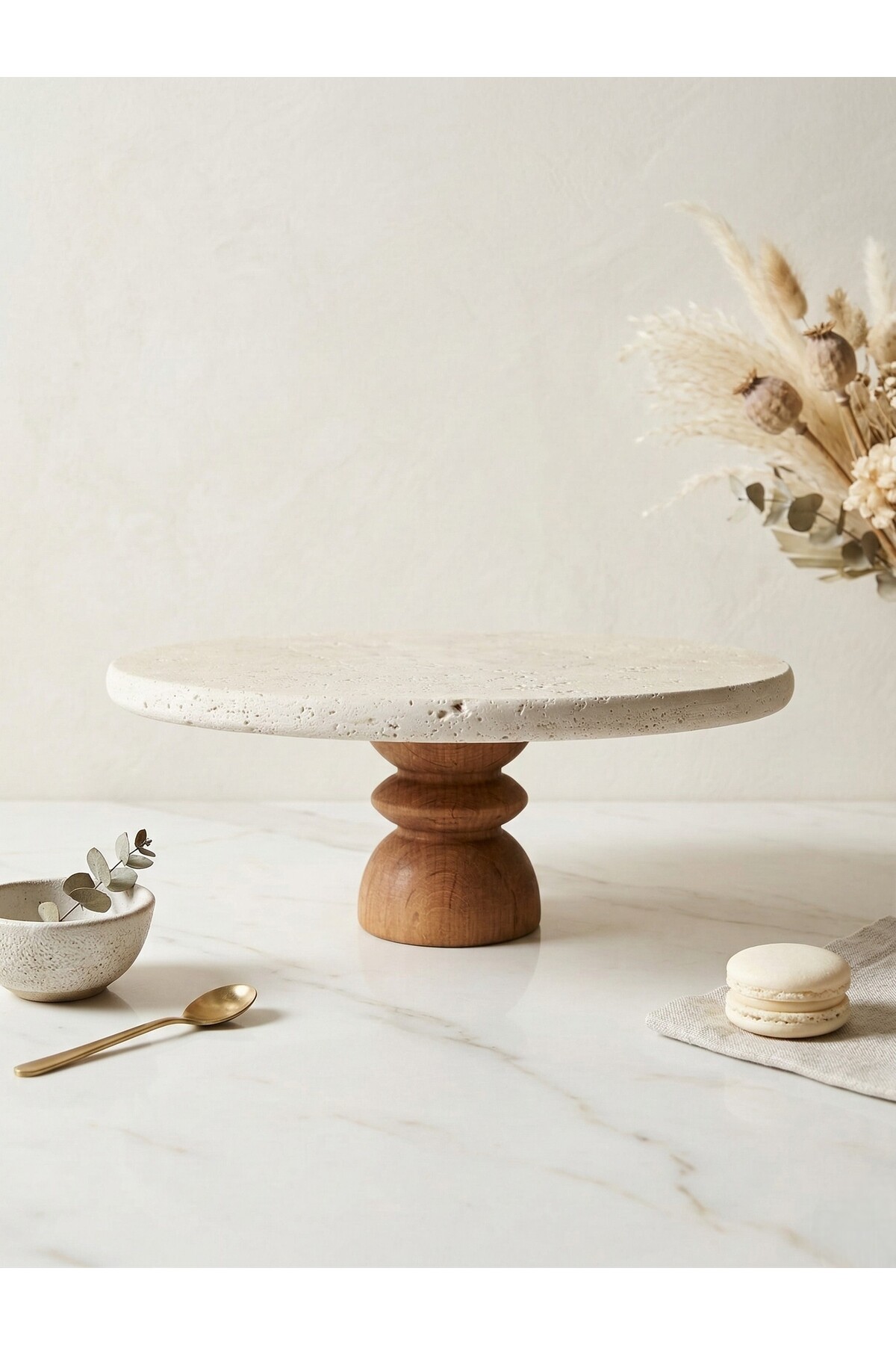 Natural Travertine Marble 25 Cm Wooden Leg Cake Stand Chintika Model Presentation , Serving Plate