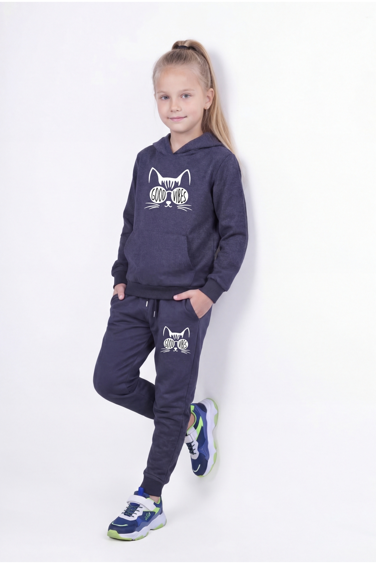 Girls' Hooded Cat Print Detailed Tracksuit with Kangaroo Pockets