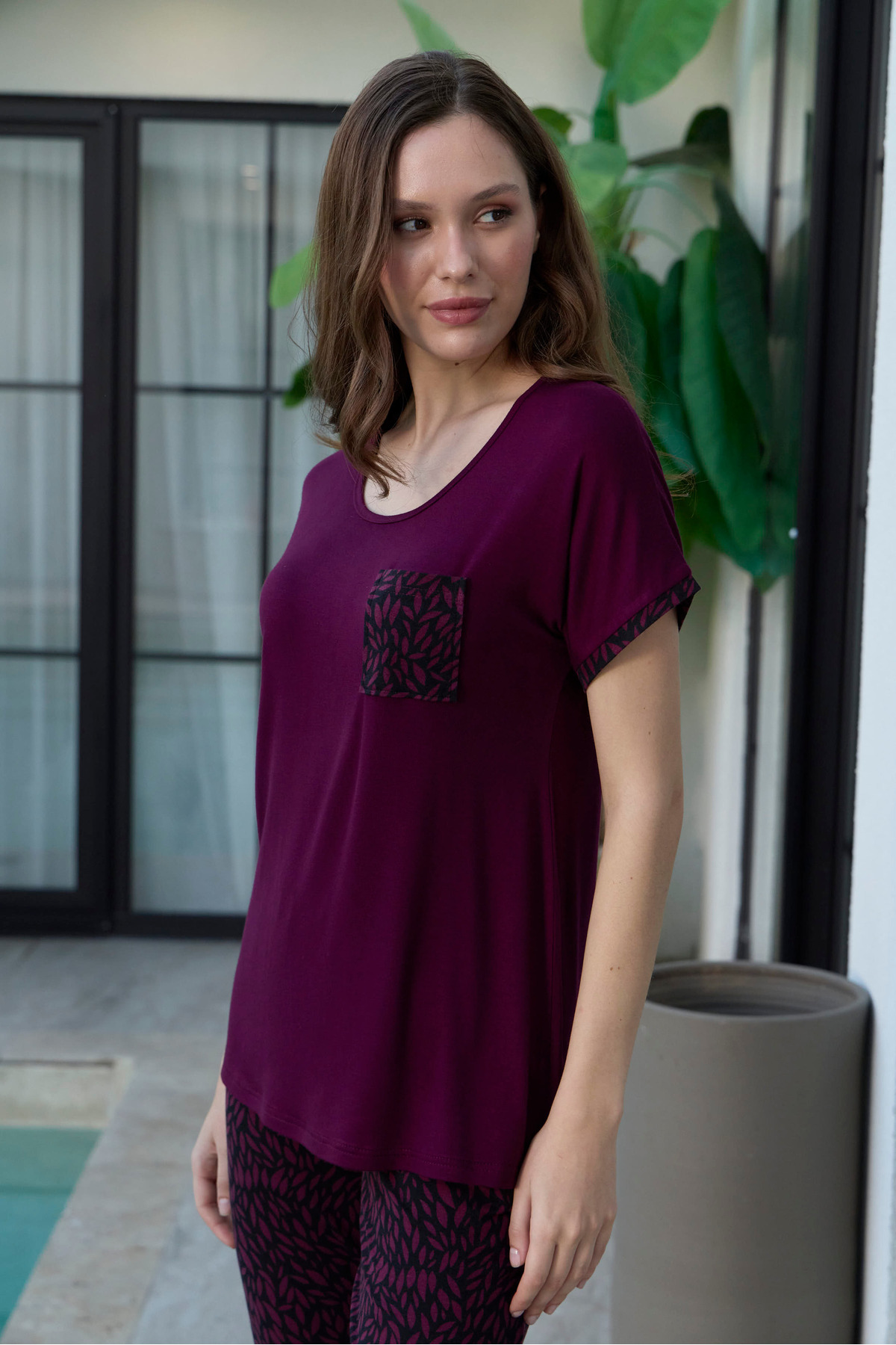 Claret Red Ring Viscose Short Sleeve Capri Pajamas Set