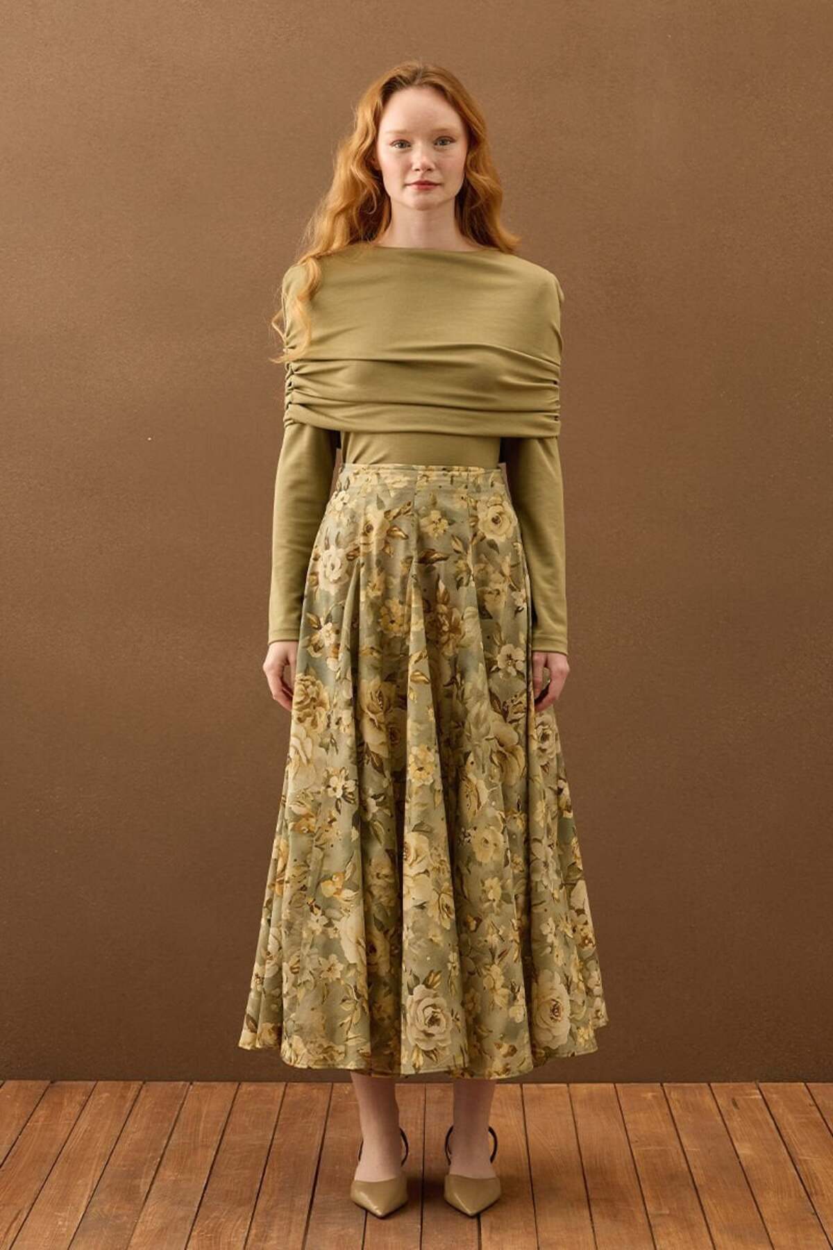 ceylan otantik  Haki Gül Desenli Parçalı Etek