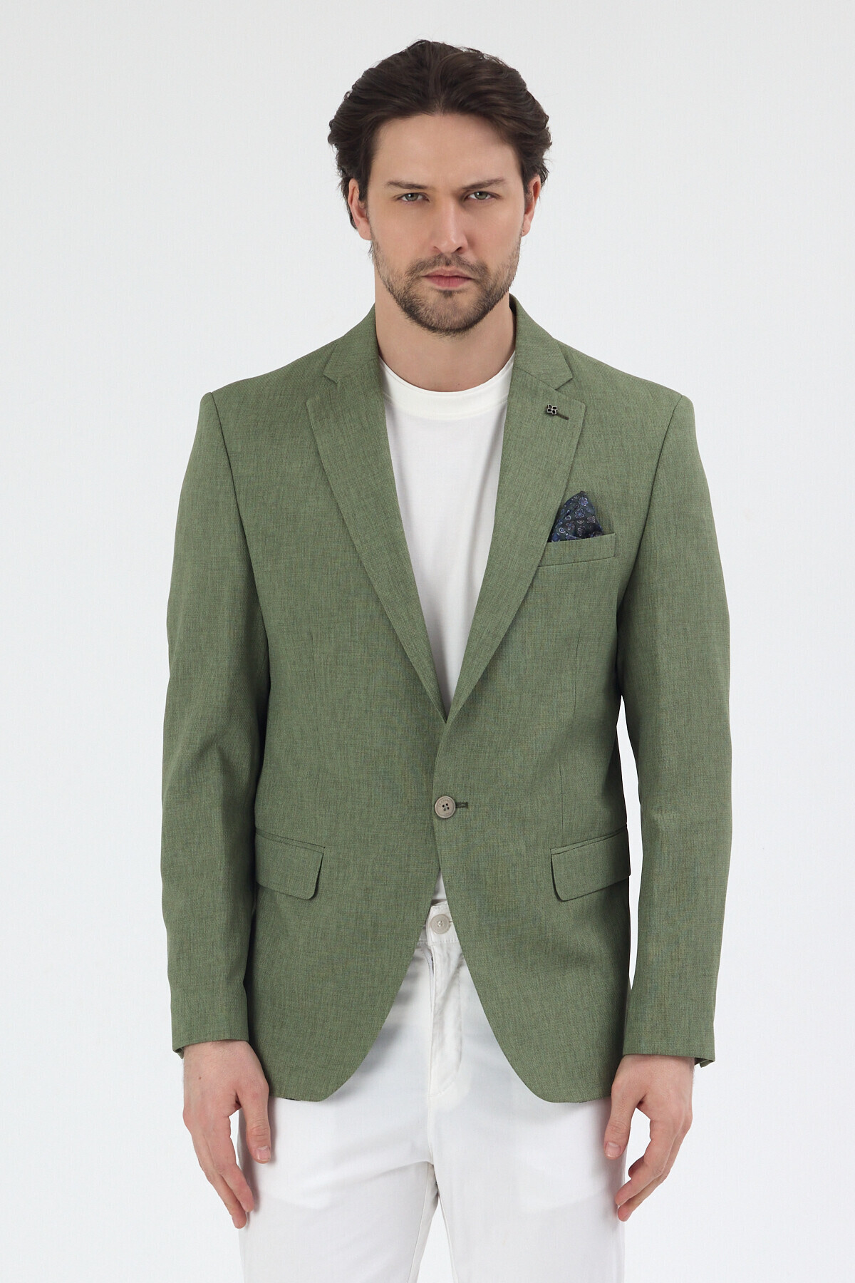 Frappoli  Arunte Erkek Yeşil Keten Görünümlü Ince Dört Mevsim Giyilebilir Slim Fit Blazer Ceket
