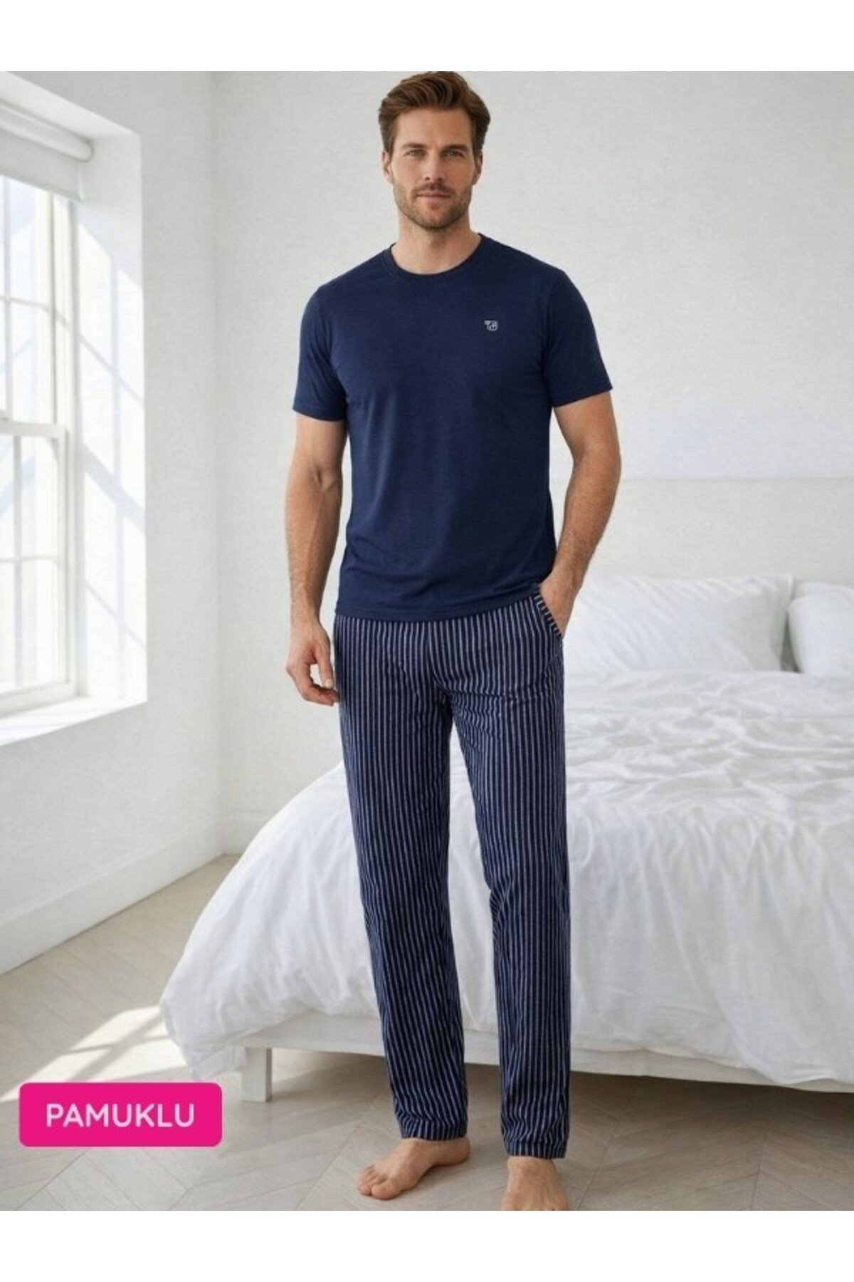Men's Navy Blue Buttonless Crew Neck Striped Jacquard Cotton Lycra Short Sleeve Pajamas Set with Pockets