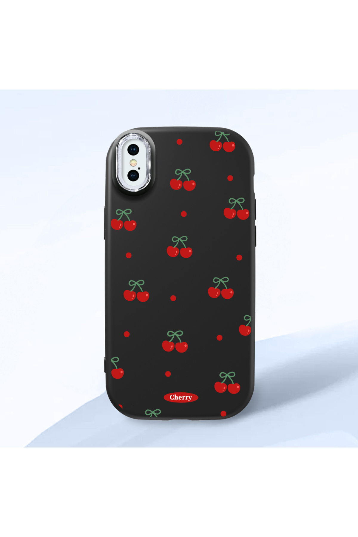 black Silicone Case with Shock Absorbing Camera Protection for iPhone X/XS Cherry Pattern