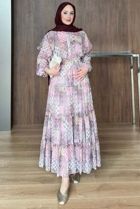 STİLBOON Desenli Şifon Elbise 1080 Pudra