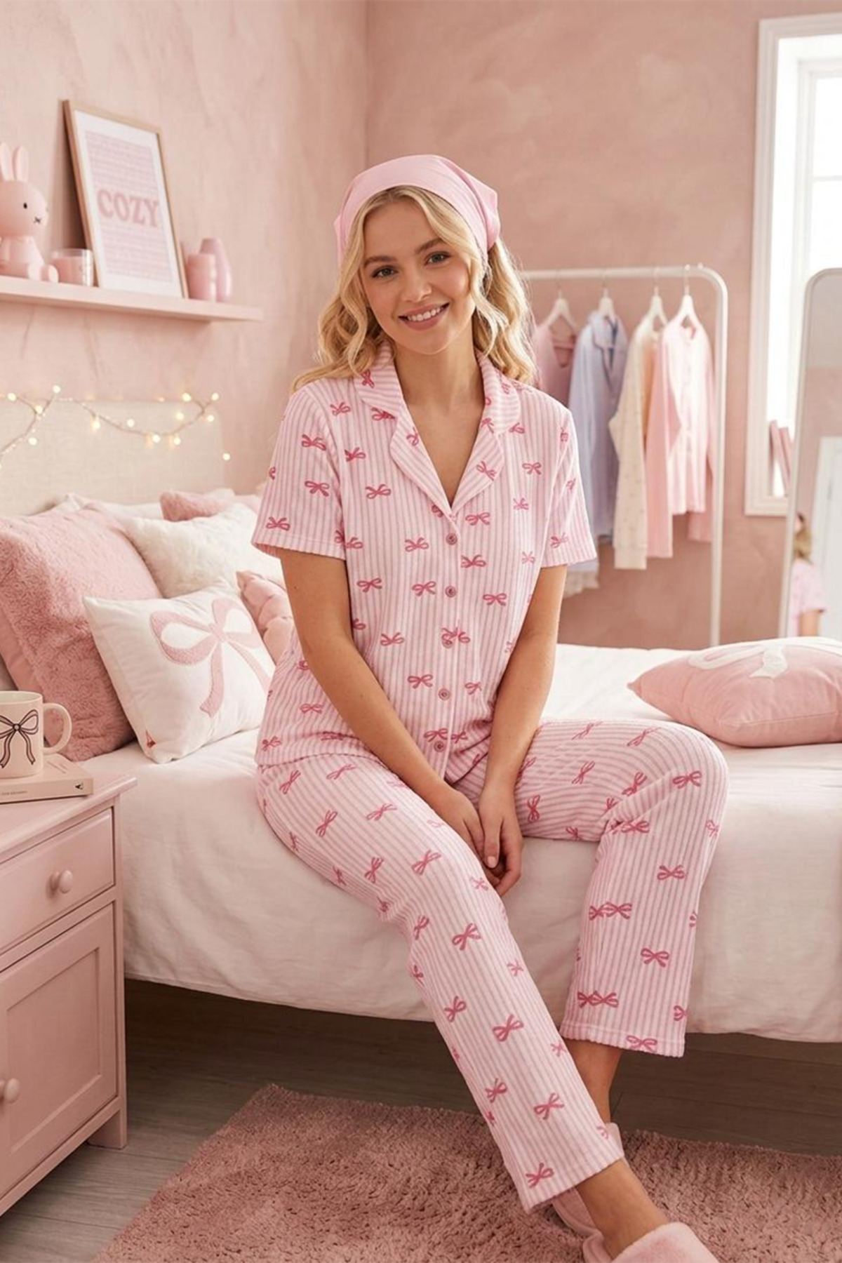 FİT WOMEN  Pembe Kurdele Desenli Bürümçük kumaş Kısa Kollu Pijama Takımı 6064 - Görsel 3