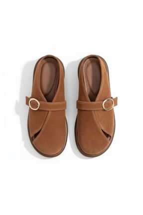 NE&VE SHOES Taba Süet Hakiki Deri Tokalı Kadın Günlük Rahat Sabo Terlik