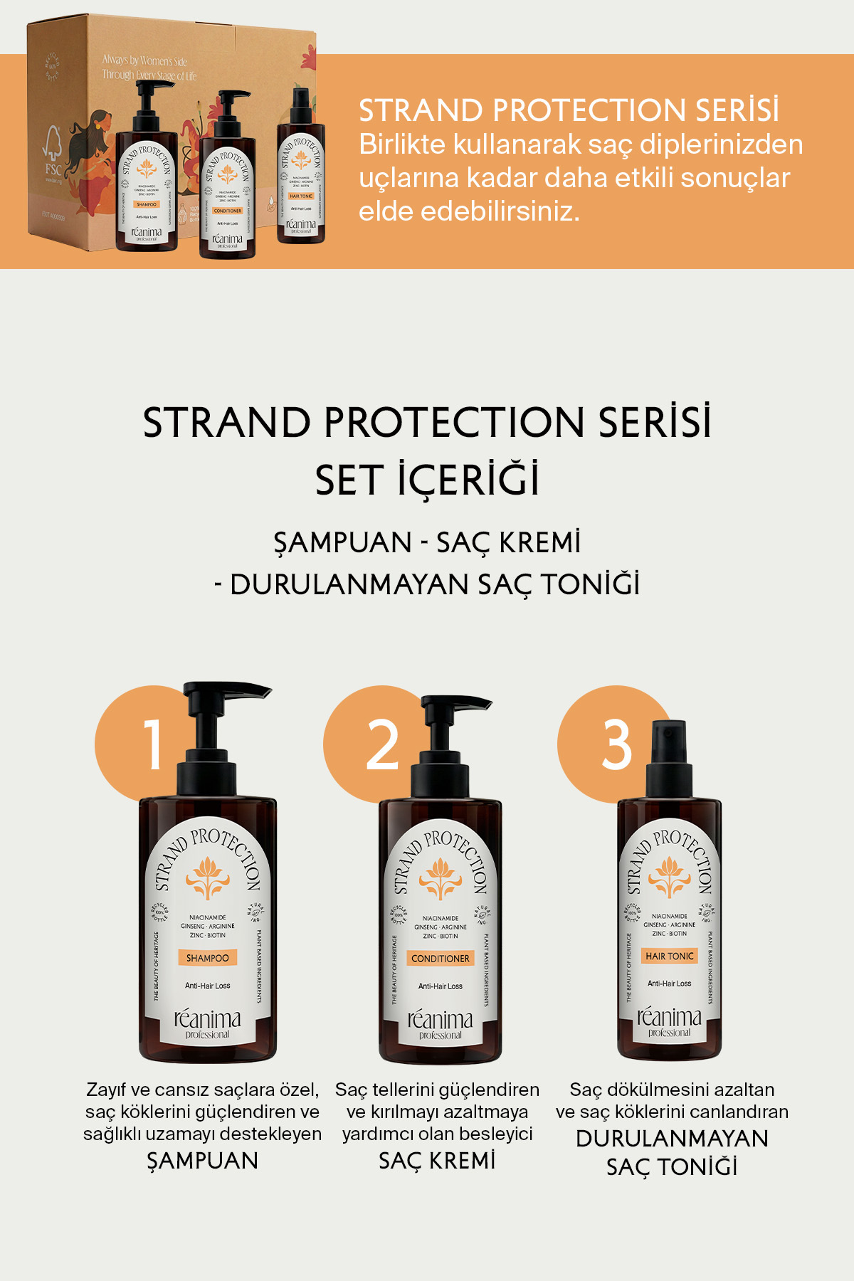 Strand Protection Güçlendirici Şampuan Esneklik Kazandıran Saç Kremi Dökülme Karşıtı Tonik Üçlü Set — STR-PRT-SET — تصویر 2 از 8