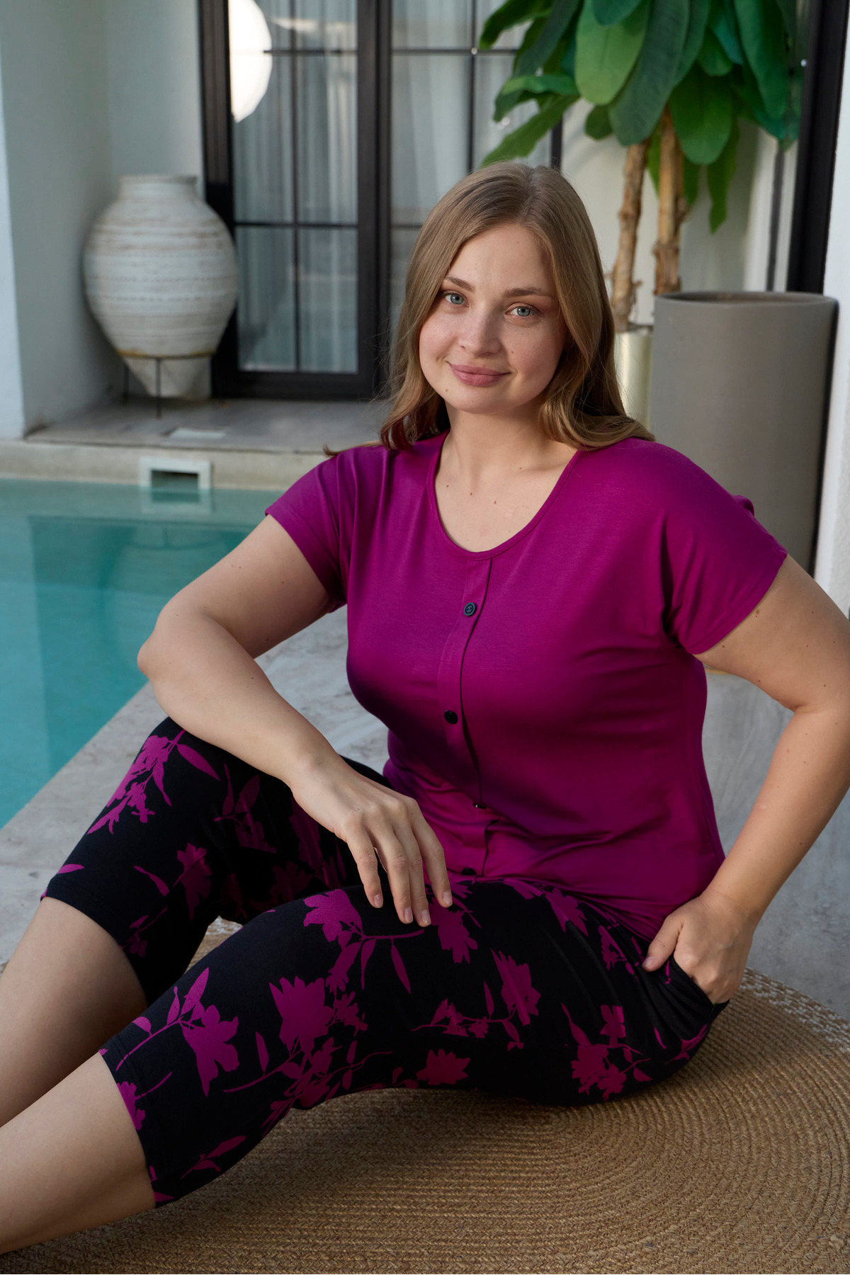 Fuchsia Ring Viscose Short Sleeve Plus Size Capri Pajamas Set