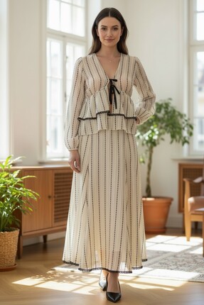 Mandala Tekstil Kadın Bohem Önden Bağlama Detaylı Nakışlı Bluz Etek Takım
