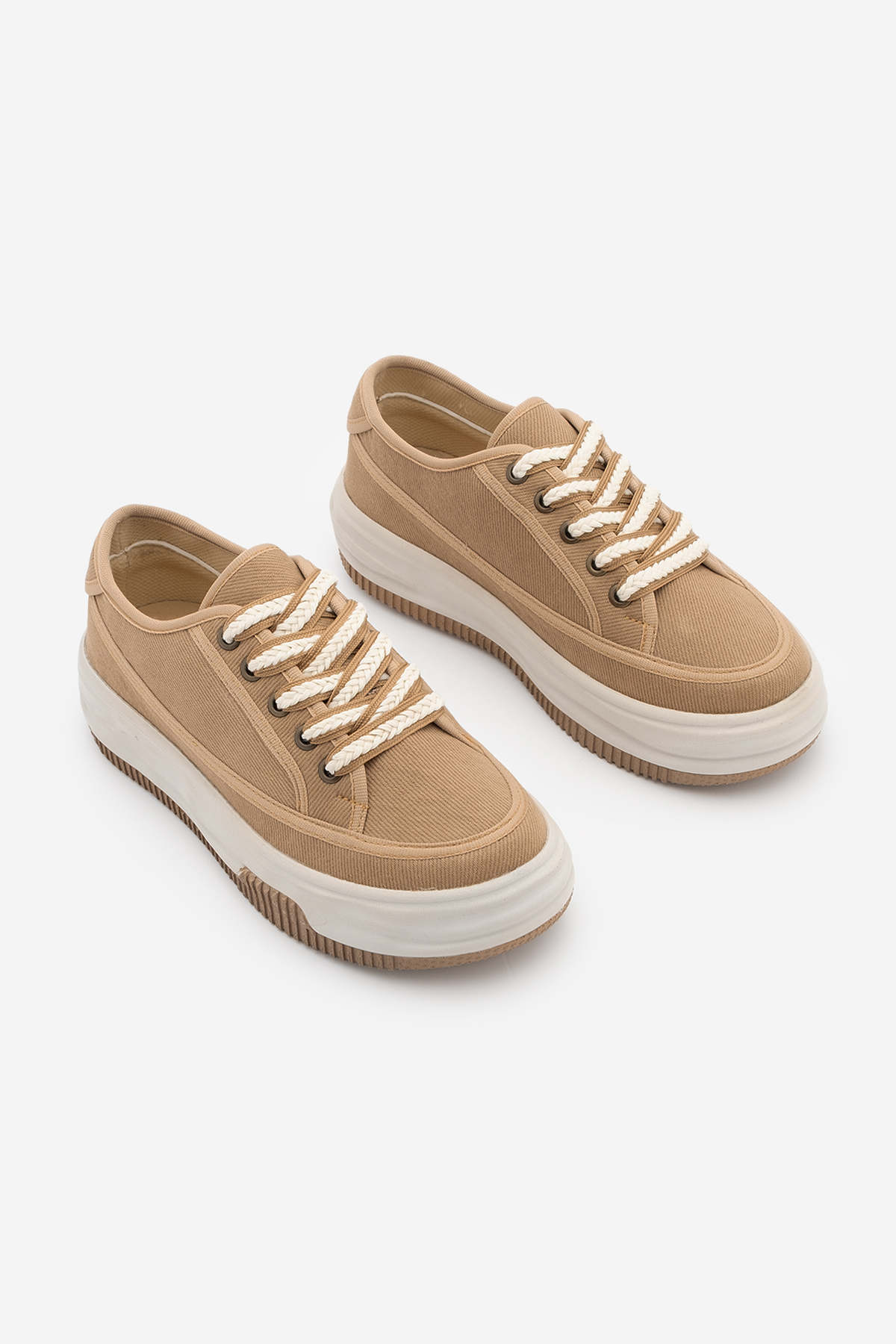 Women's Sneaker High Sole Lace-Up Sports Shoes Kotnel Camel Linen