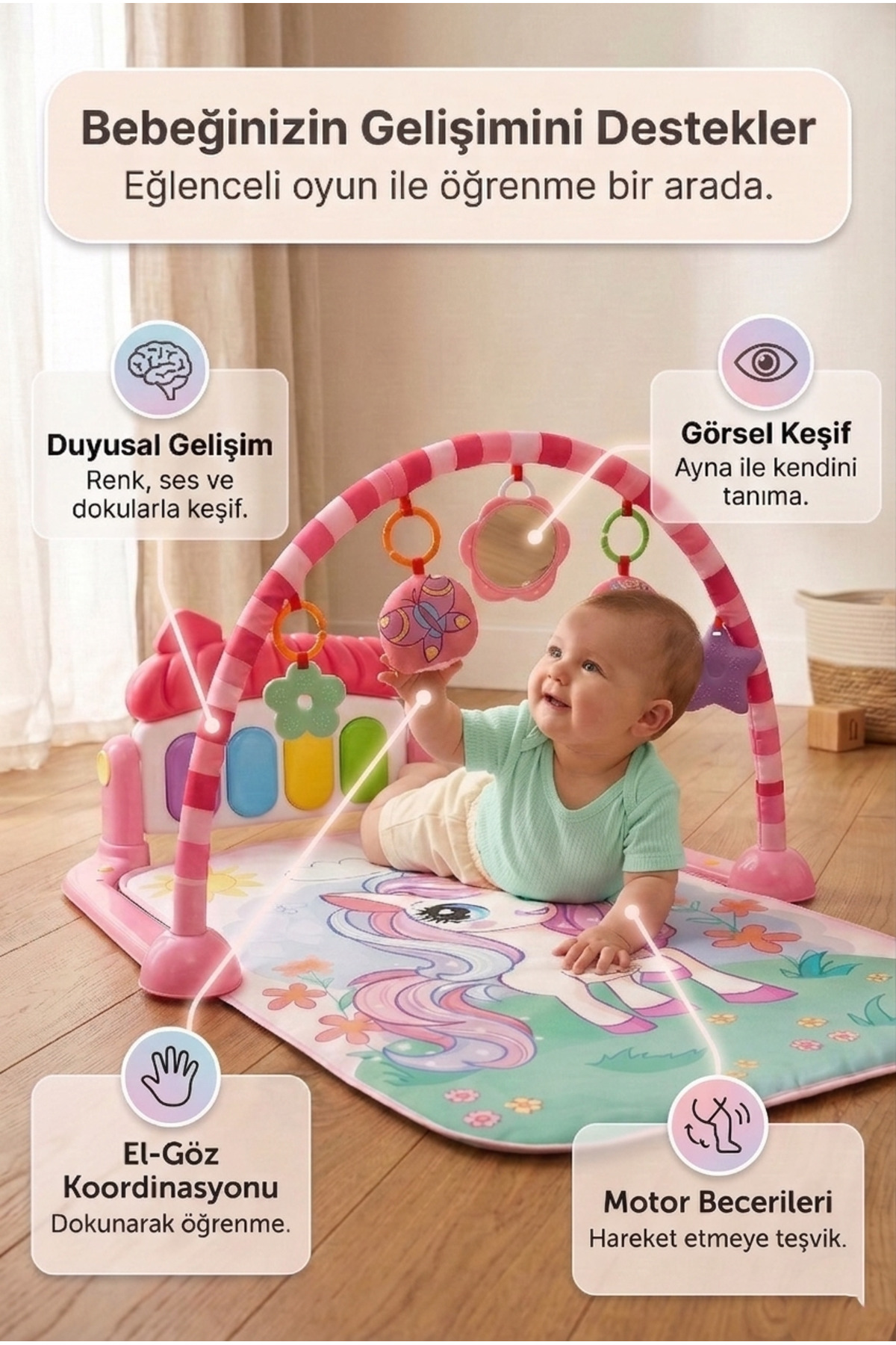 DENAPCAL Trendigon 0-6 Ay Oyuncak Piyanolu Bebek Oyun Halısı – Aynalı Müzikli Unicorn Gelişim Matı 0-12 Ay fotoğrafı 4 (önizleme)