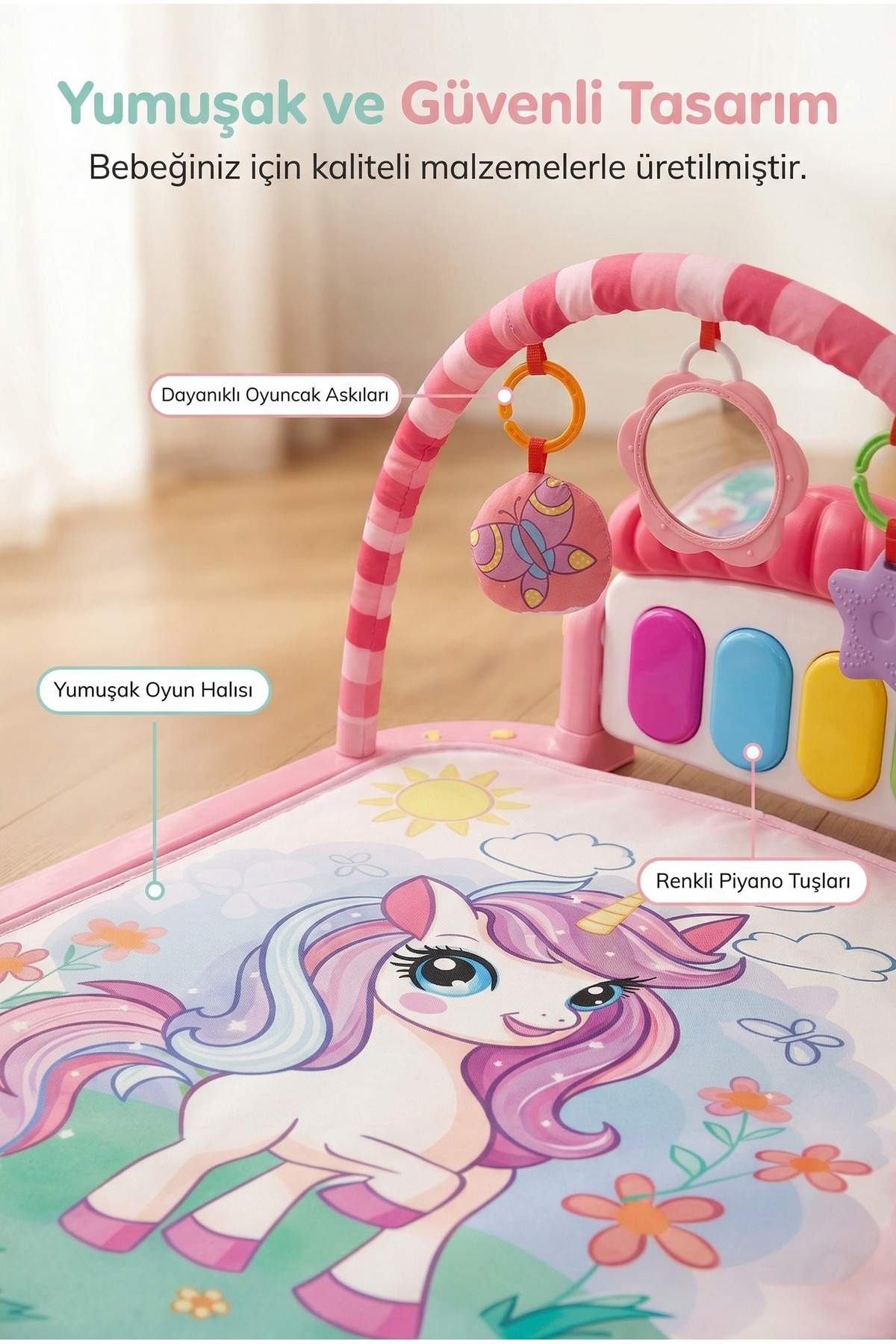 DENAPCAL Trendigon 0-6 Ay Oyuncak Piyanolu Bebek Oyun Halısı – Aynalı Müzikli Unicorn Gelişim Matı 0-12 Ay fotoğrafı 2 (önizleme)