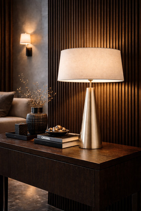 Vinner Belfort Luxury Bronze Ahşap Abajur – Keten Şapkalı Modern Masa Lambası...