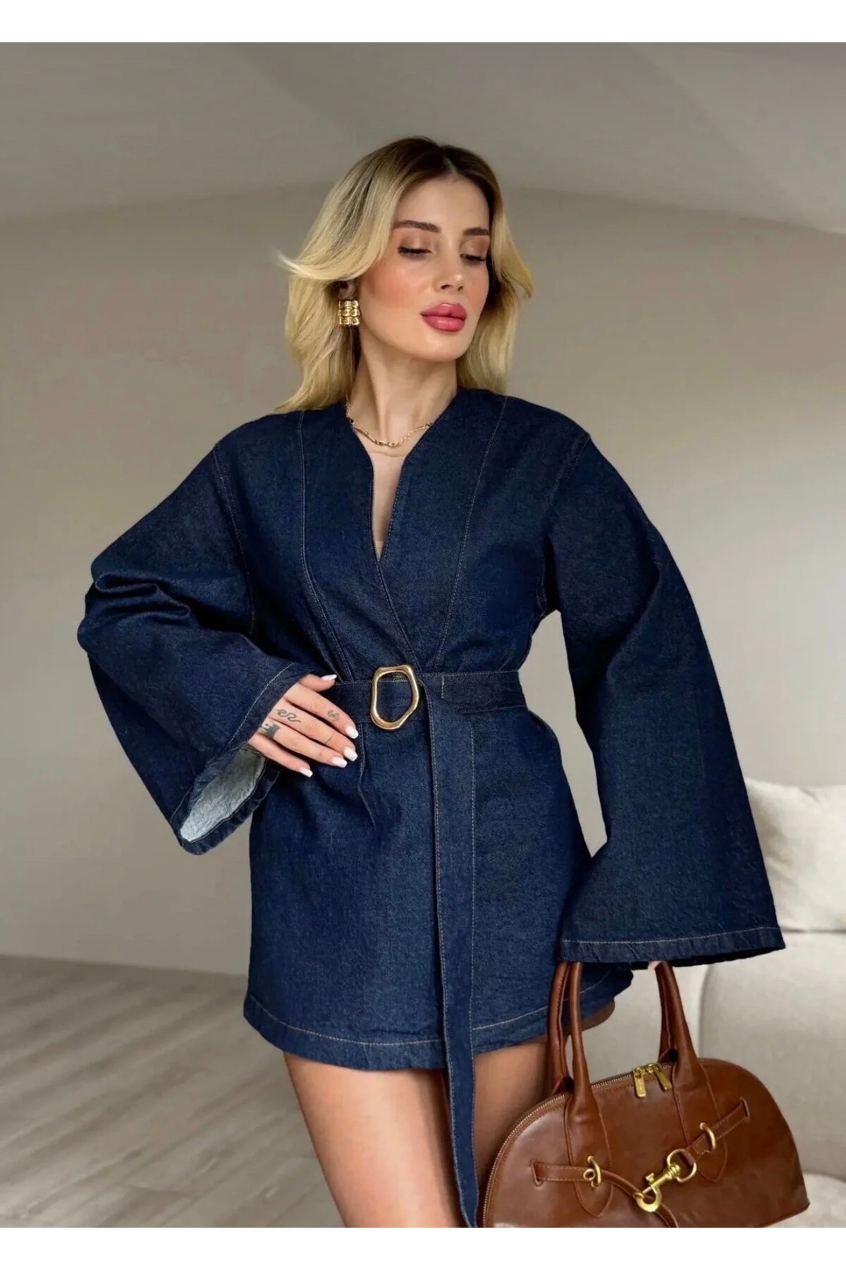 Ekim Store  Kimono Kemerli Oversize Kot Ceket - Görsel 3