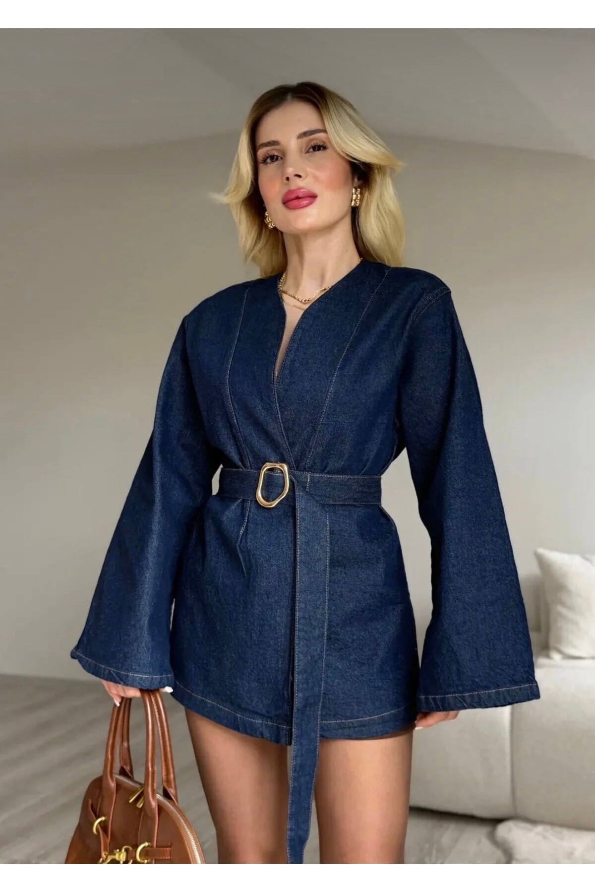 Ekim Store  Kimono Kemerli Oversize Kot Ceket - Görsel 6