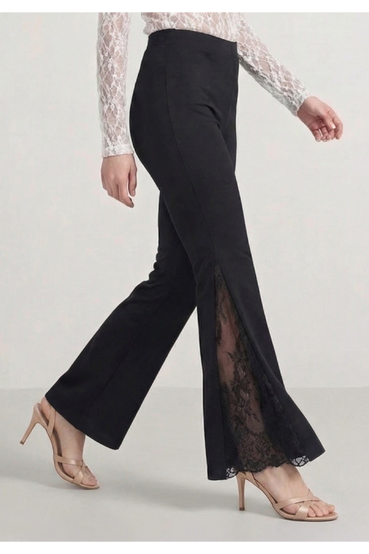 Little Visqon  Yüksek Bel İspanyol Paça Dantel Detaylı Scuba Kumaş Siyah Tayt Pantolon - Görsel 6