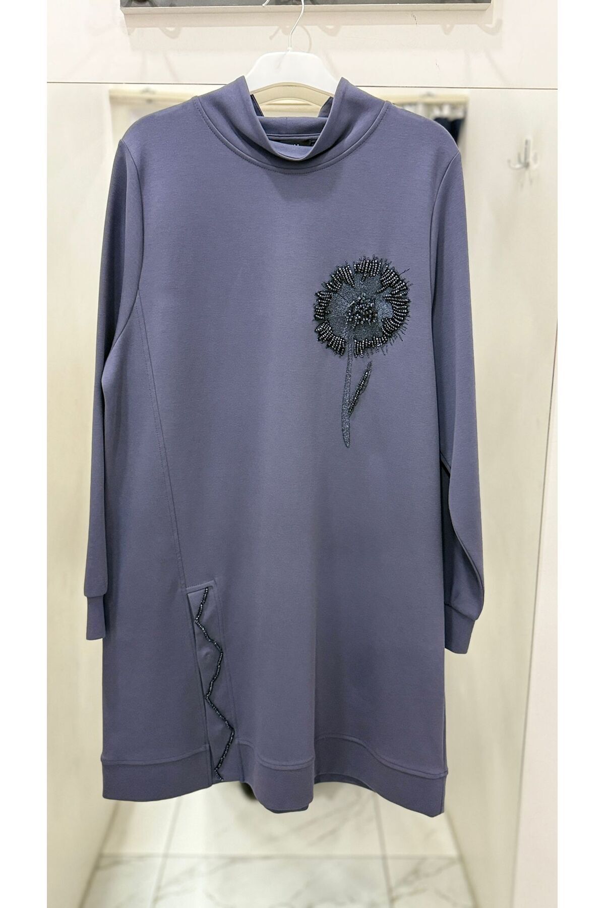 Behrem boncuk işlemeli tunik gri - 4XL