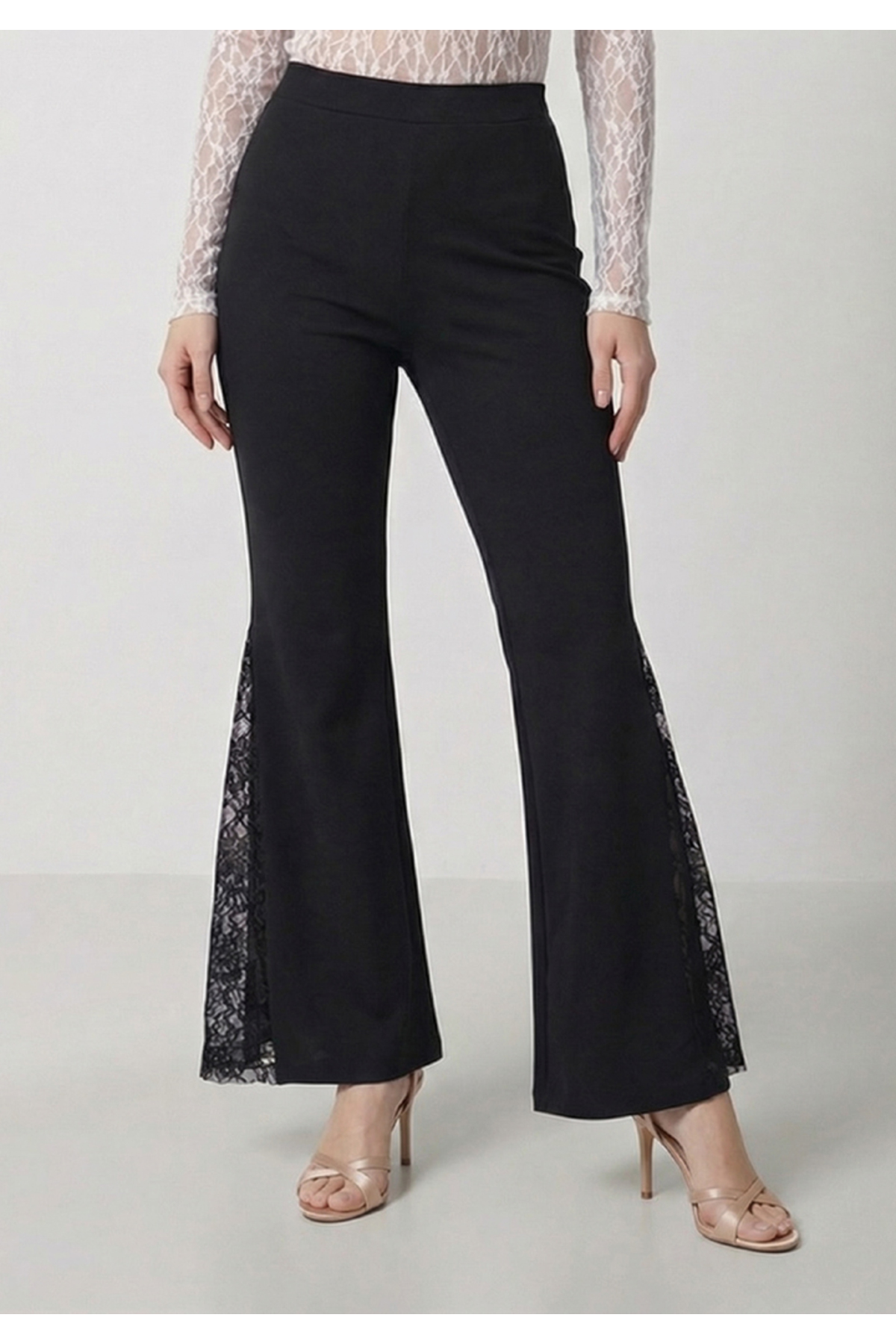Little Visqon  Yüksek Bel İspanyol Paça Dantel Detaylı Scuba Kumaş Siyah Tayt Pantolon - Görsel 8