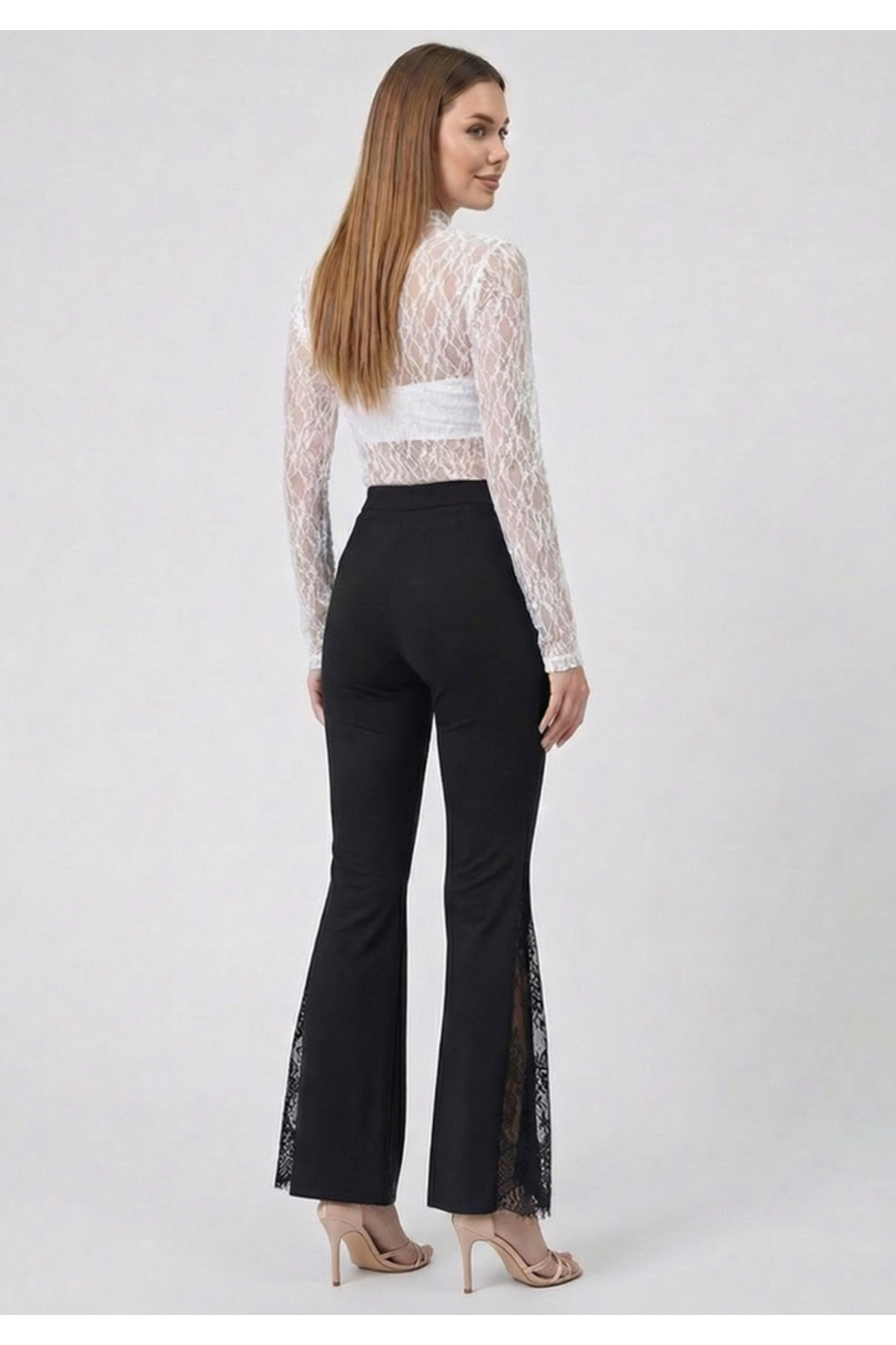 Little Visqon  Yüksek Bel İspanyol Paça Dantel Detaylı Scuba Kumaş Siyah Tayt Pantolon - Görsel 7