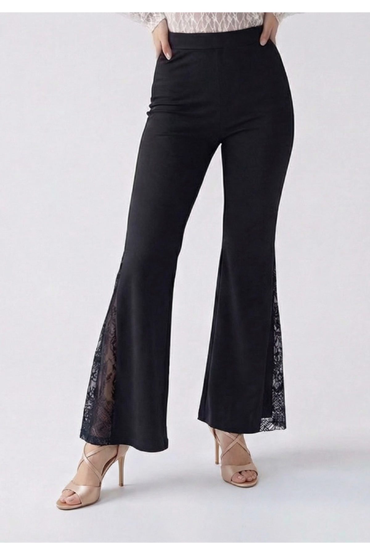 Little Visqon  Yüksek Bel İspanyol Paça Dantel Detaylı Scuba Kumaş Siyah Tayt Pantolon - Görsel 4