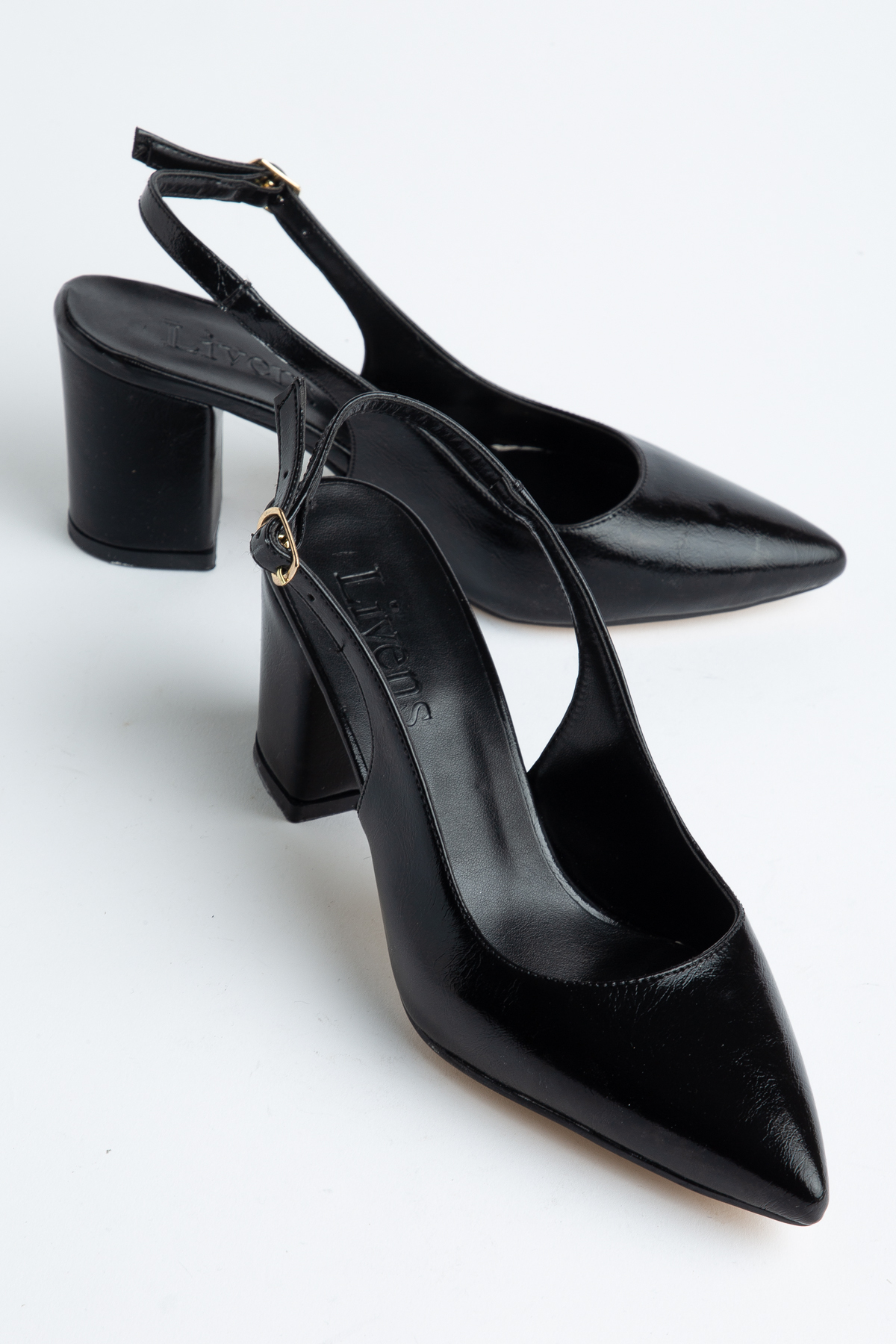 livens  VELORA Kadın Siyah Rugan Arkası Açık Bantlı Sivri Burun Kalın Topuklu Ayakkabı - Görsel 2