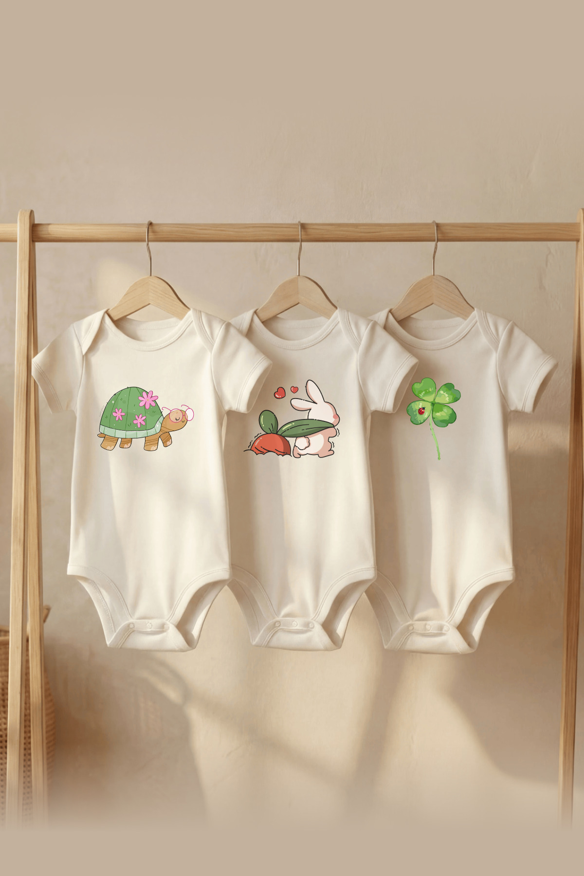Organic 100% Cotton 3-Piece Turtle And Rabbit Printed Short Sleeve Snapsuit Baby Bodysuit