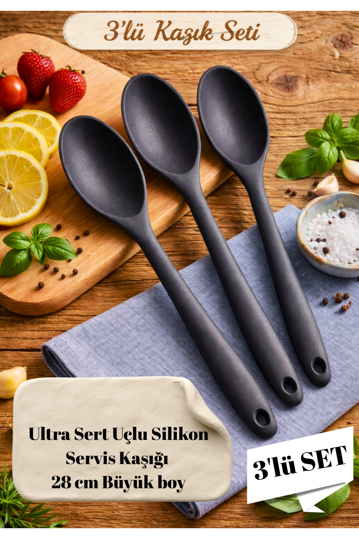 3-Piece Silicone Serving Spoon Set 28 cm Large Ultra-Hard-tipped Bootless Cookware Spoon