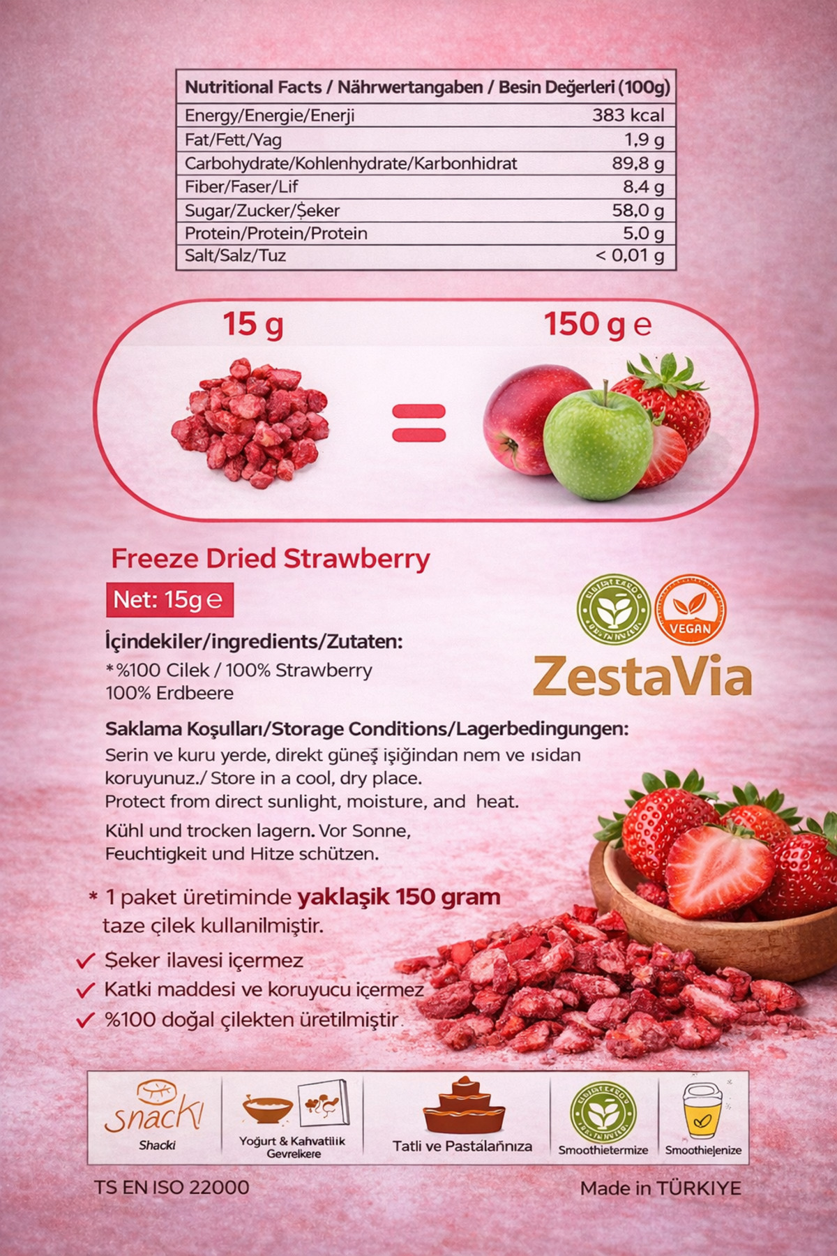 ZestaVia Freeze Dried Çıtır Çilek 15g – %100 Doğal Katkısız