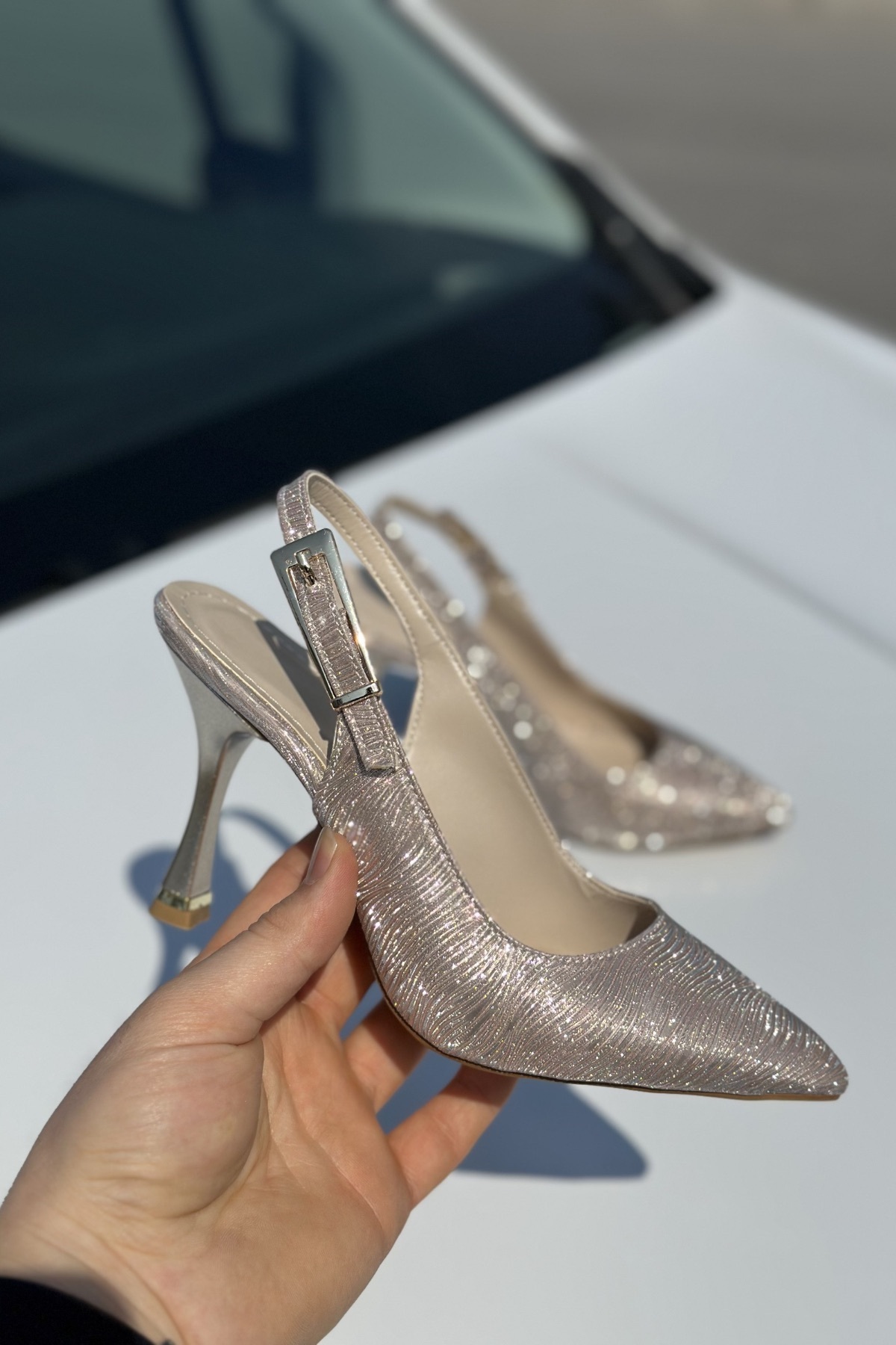 topuksarayı  Tao şampanya simli sivri burun slingback ince topuk kadın abiye ayakkabı - Görsel 5