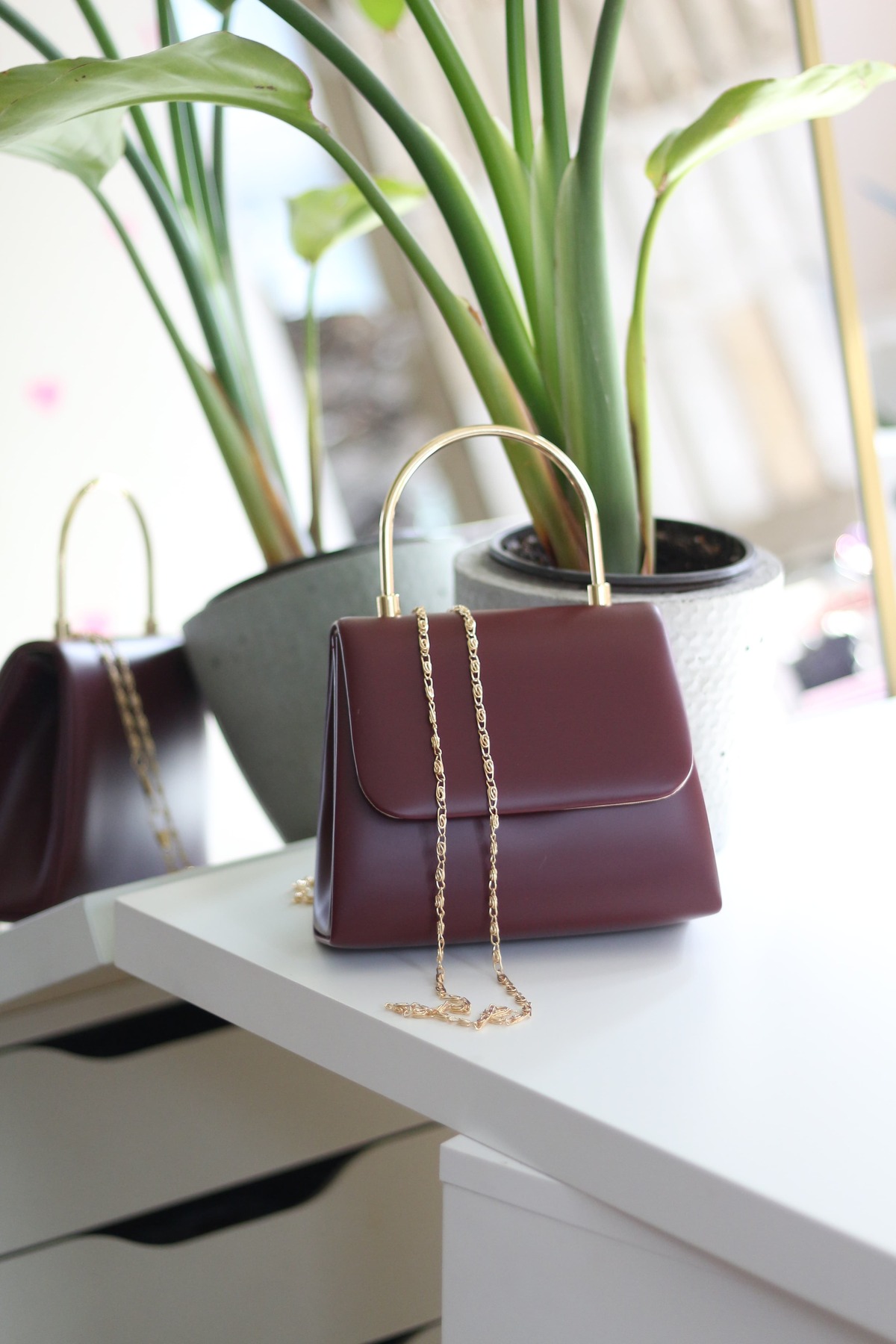 Moom Bag Kadın Bordo Deri Metal Saplı Abiye El Omuz Çantası görsel 3