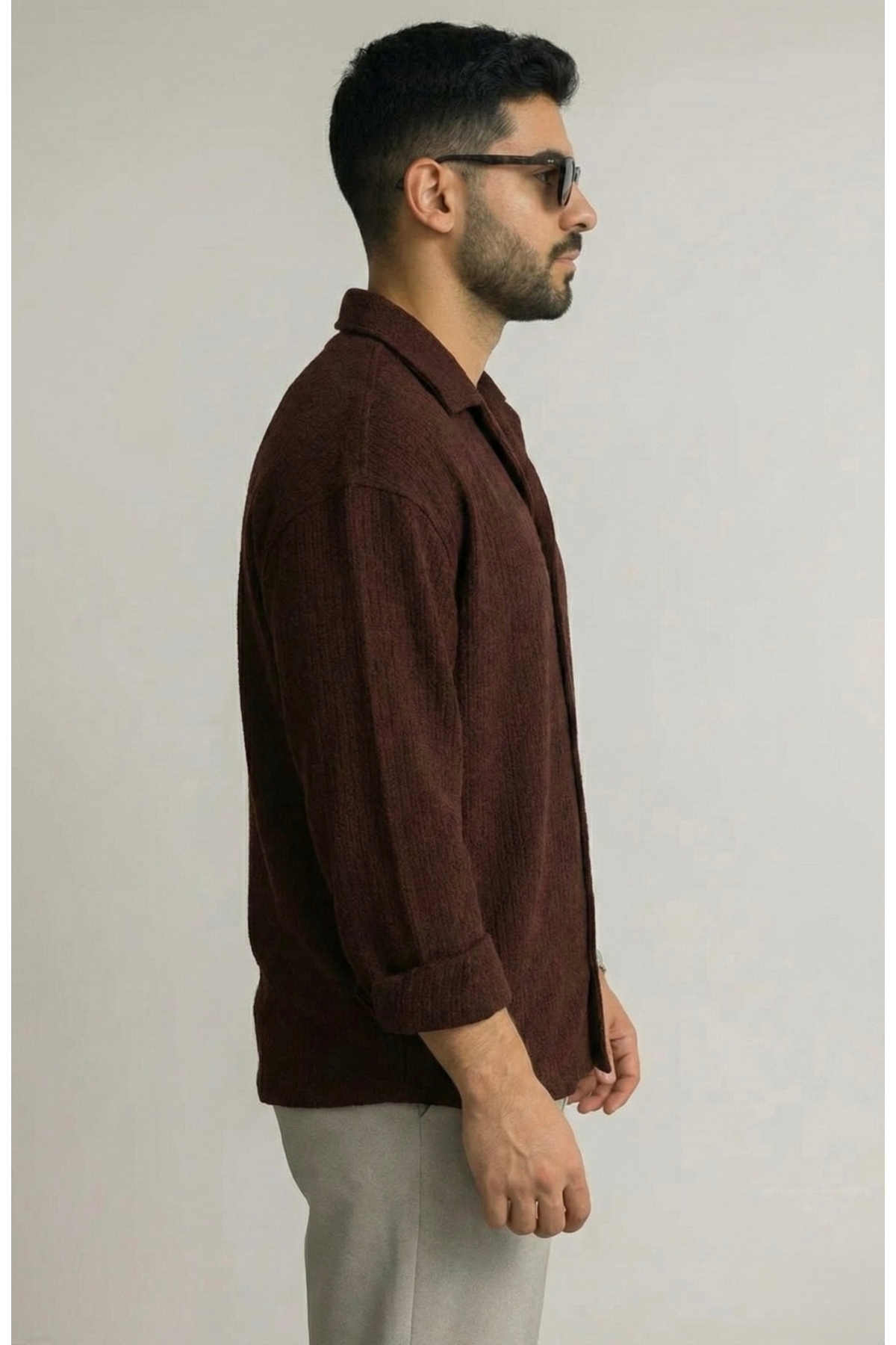 bb butik basic  Ütü gerektirmeyen oversize bürümcük kumaş gömlek KAHVERENGİ - Görsel 3