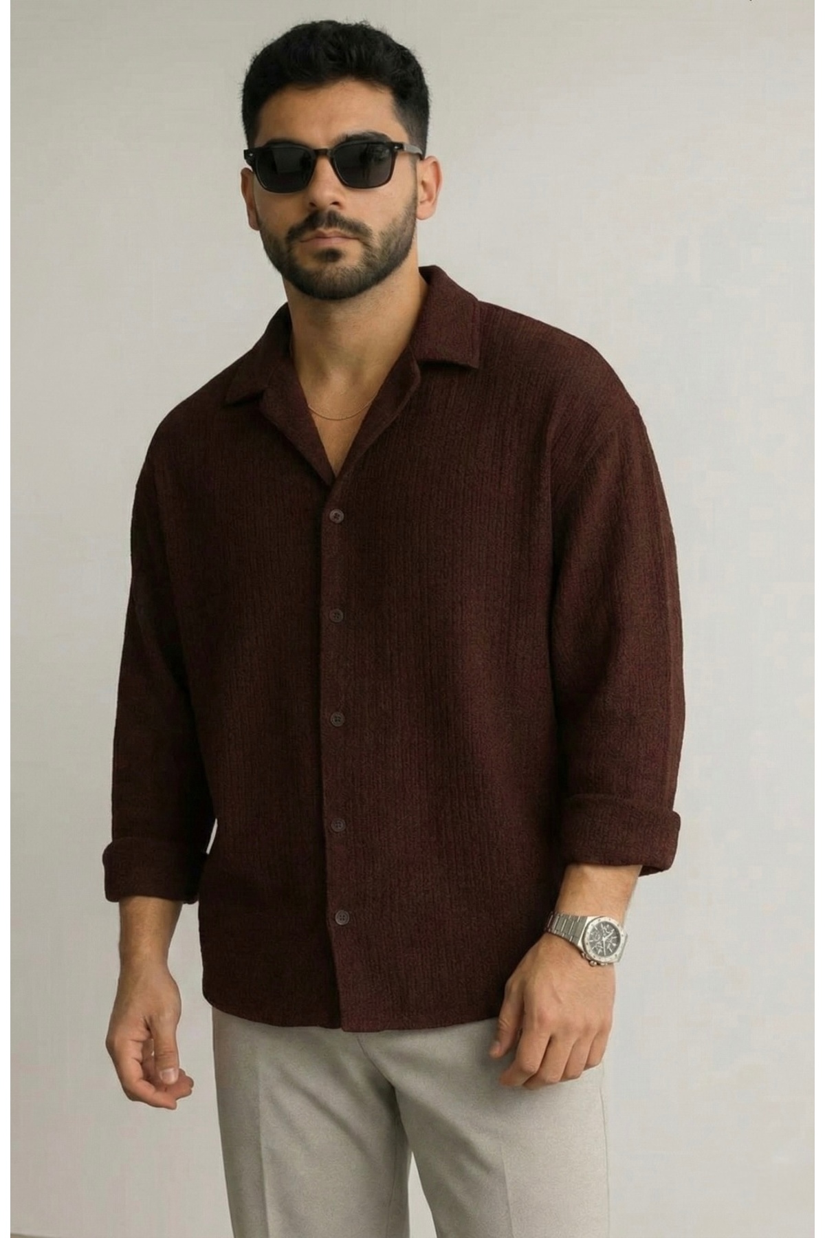 bb butik basic  Ütü gerektirmeyen oversize bürümcük kumaş gömlek KAHVERENGİ