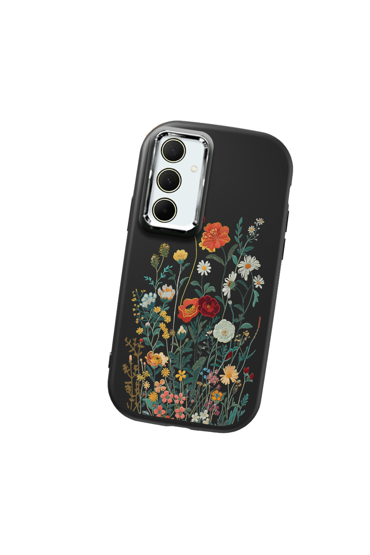 Samsung Galaxy A35 Compatible Black Soft Silicone Phone Case with Camera Protection Floral Pattern