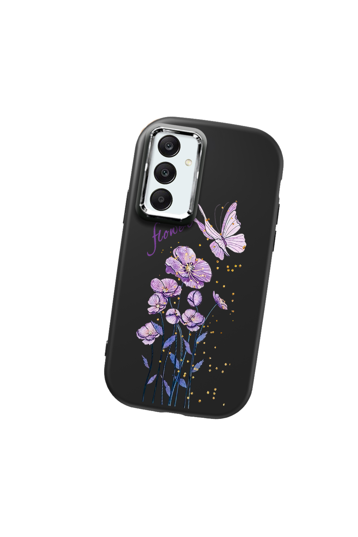Black Soft Silicone Phone Case Butterfly Flower with Camera Protection for Samsung Galaxy A25 Compatible