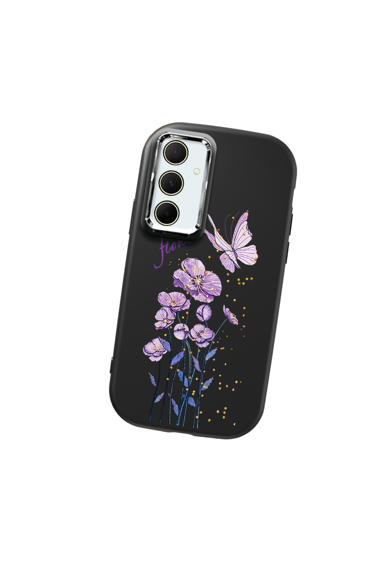 Black Soft Silicone Phone Case Butterfly Flower with Camera Protection for Samsung Galaxy A35 Compatible