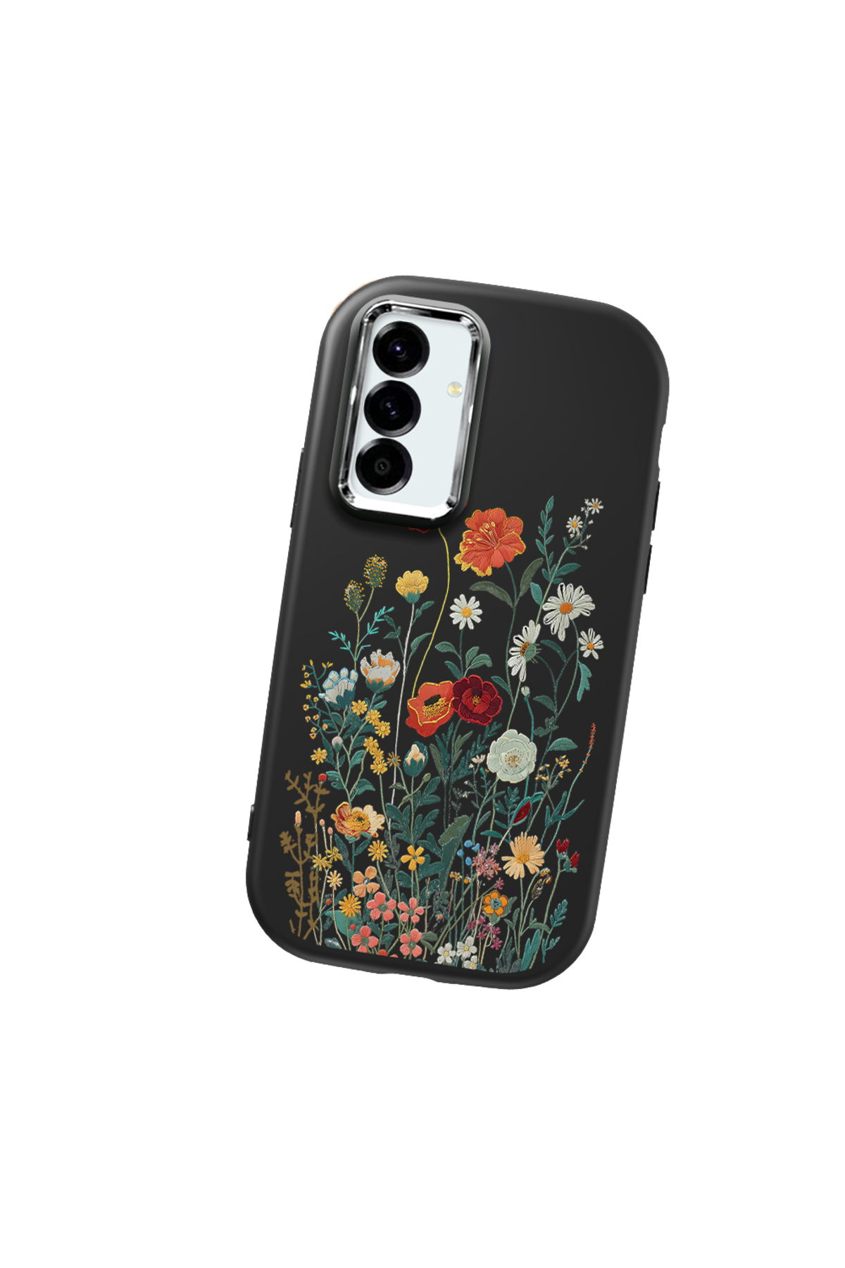 Samsung Galaxy A56 Compatible Black Soft Silicone Phone Case with Camera Protection Floral Pattern