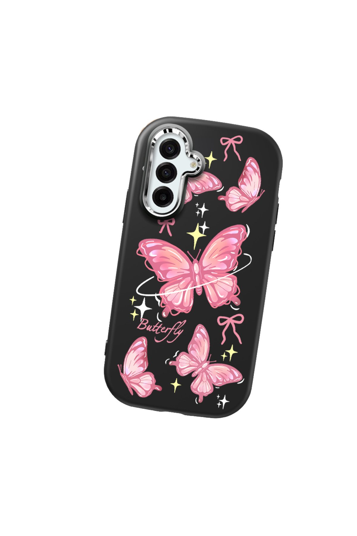 Samsung Galaxy A17 Compatible Black Soft Silicone Phone Case with Camera Protection Butterfly Pattern