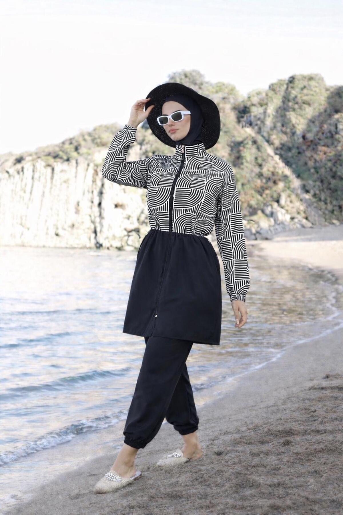 new ats Fully Covered Black and White Patterned Hijab Islamic Swimwear 3-Piec...